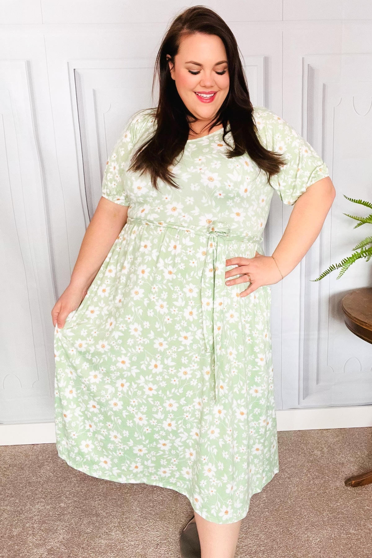 Sunny Days Sage Floral Print Fit & Flare Sash Belt V Neck Dress-Modish Lily, Tecumseh Michigan