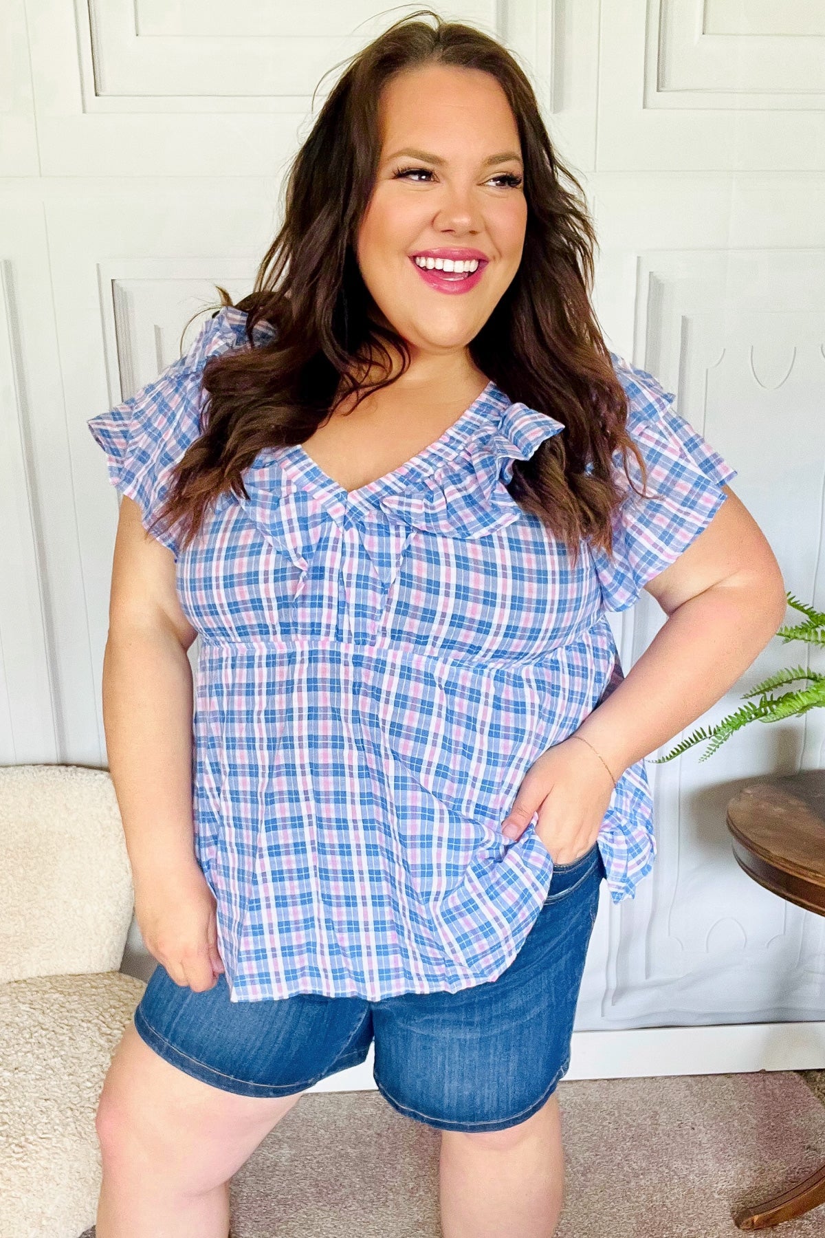 Hello Beautiful Blue Plaid V Neck Ruffle Elastic Babydoll Top-2024 Blow-Out Sale-Modish Lily, Tecumseh Michigan