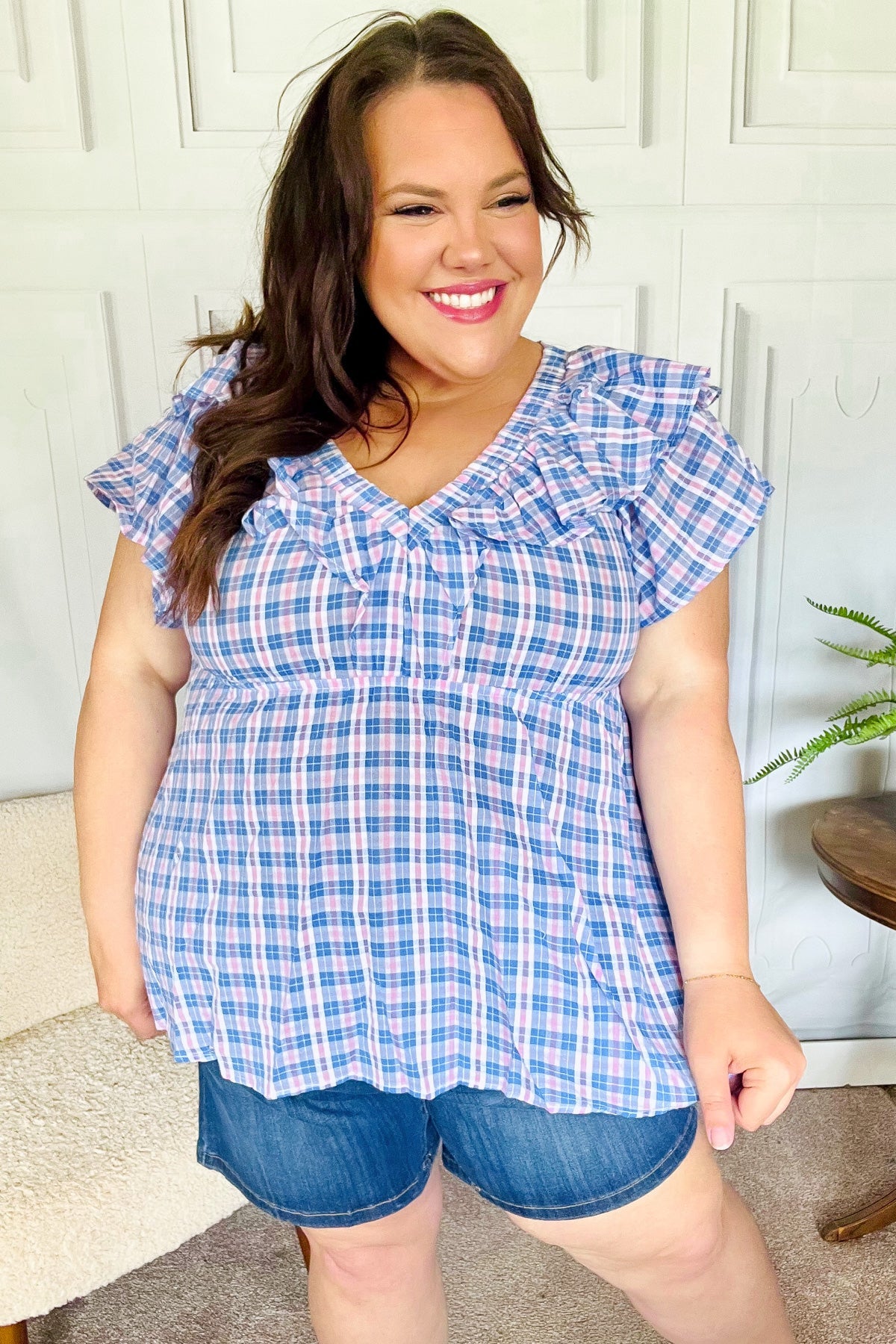 Hello Beautiful Blue Plaid V Neck Ruffle Elastic Babydoll Top-2024 Blow-Out Sale-Modish Lily, Tecumseh Michigan