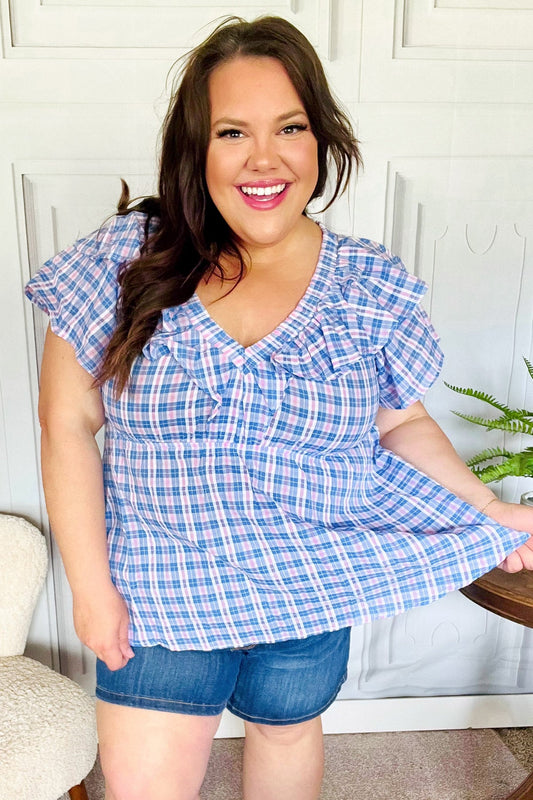 Hello Beautiful Blue Plaid V Neck Ruffle Elastic Babydoll Top-Modish Lily, Tecumseh Michigan