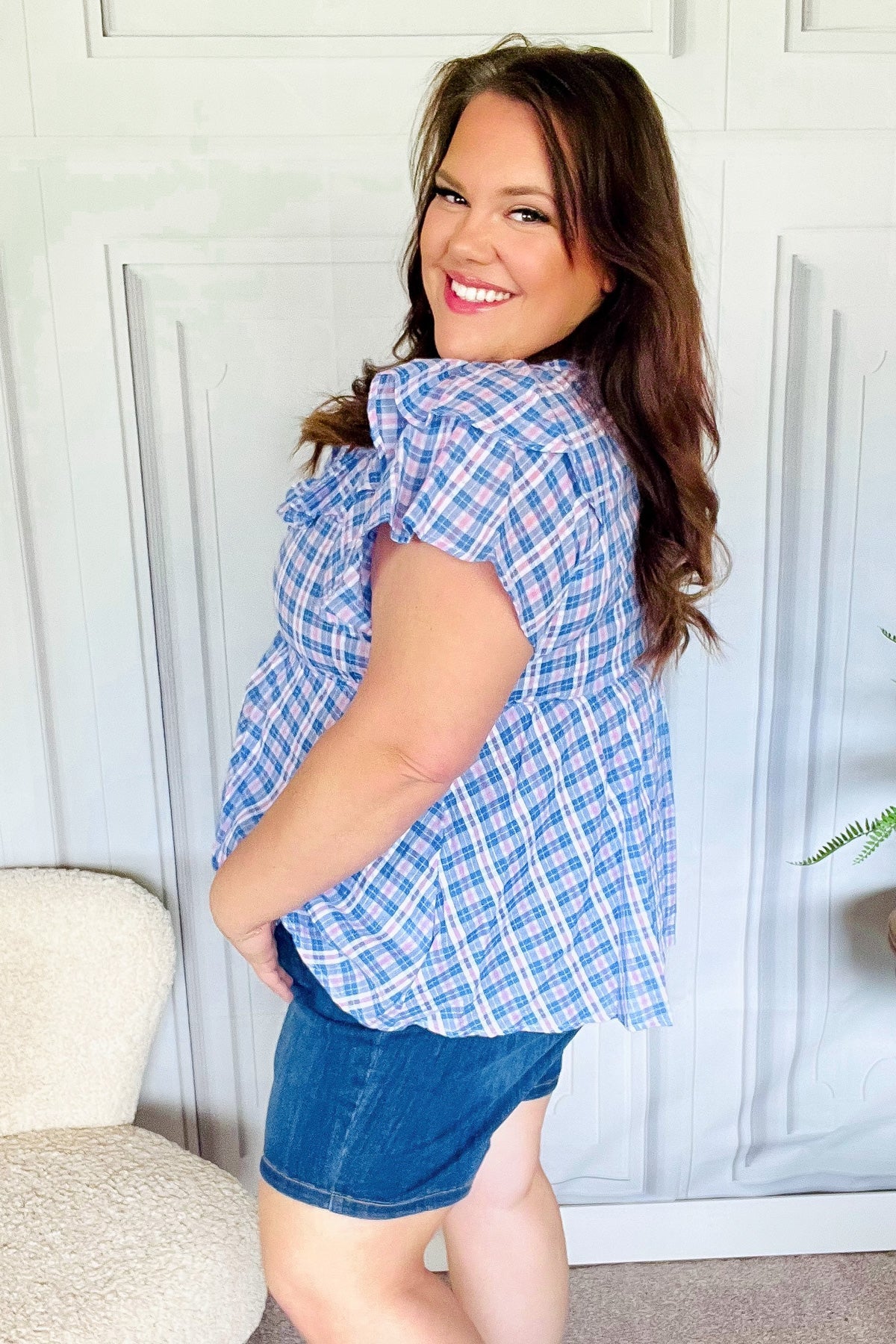 Hello Beautiful Blue Plaid V Neck Ruffle Elastic Babydoll Top-2024 Blow-Out Sale-Modish Lily, Tecumseh Michigan