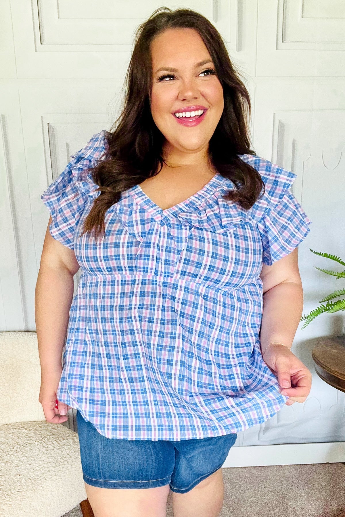 Hello Beautiful Blue Plaid V Neck Ruffle Elastic Babydoll Top-Modish Lily, Tecumseh Michigan