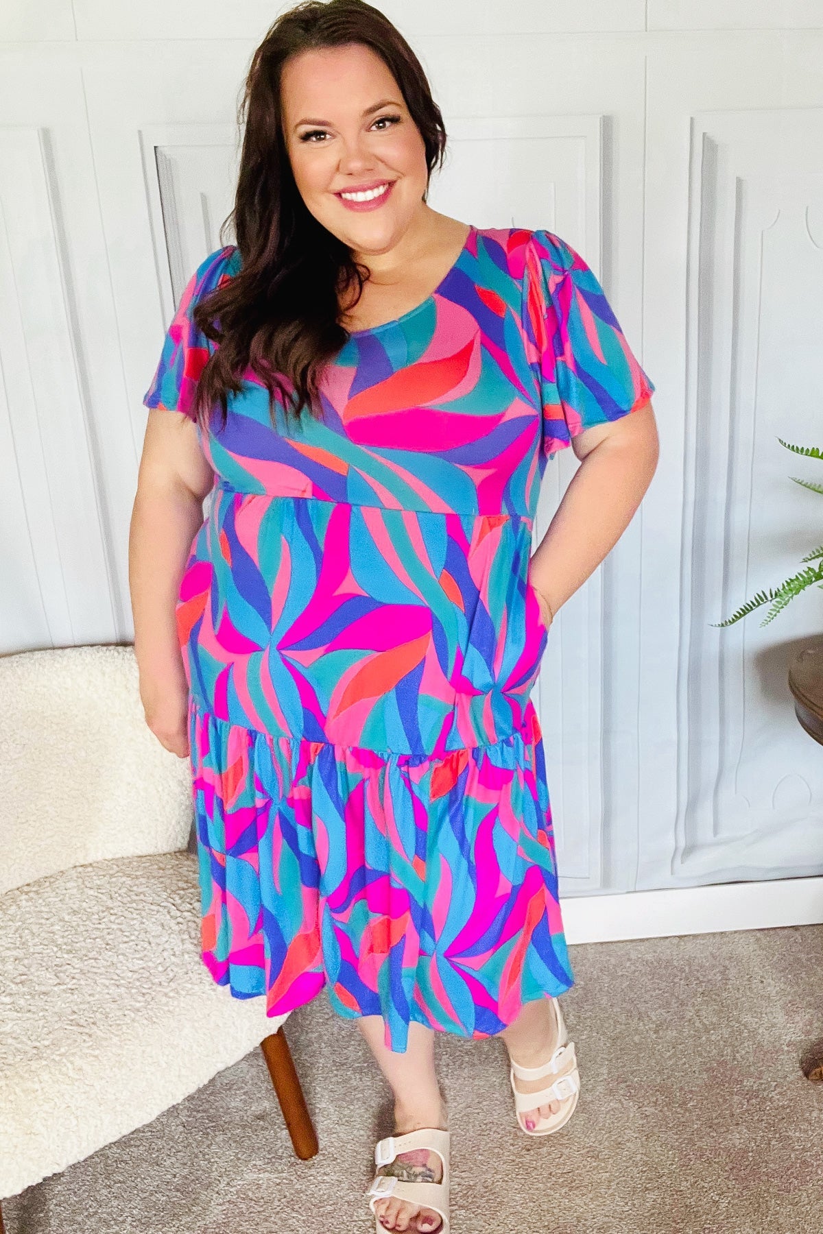 Remember Me Blue & Fuchsia Geo Print V Neck Dress-Modish Lily, Tecumseh Michigan