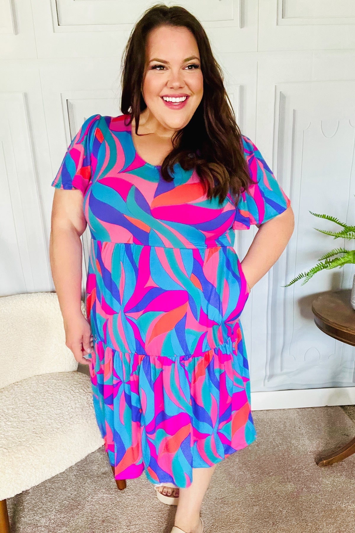 Remember Me Blue & Fuchsia Geo Print V Neck Dress-Modish Lily, Tecumseh Michigan