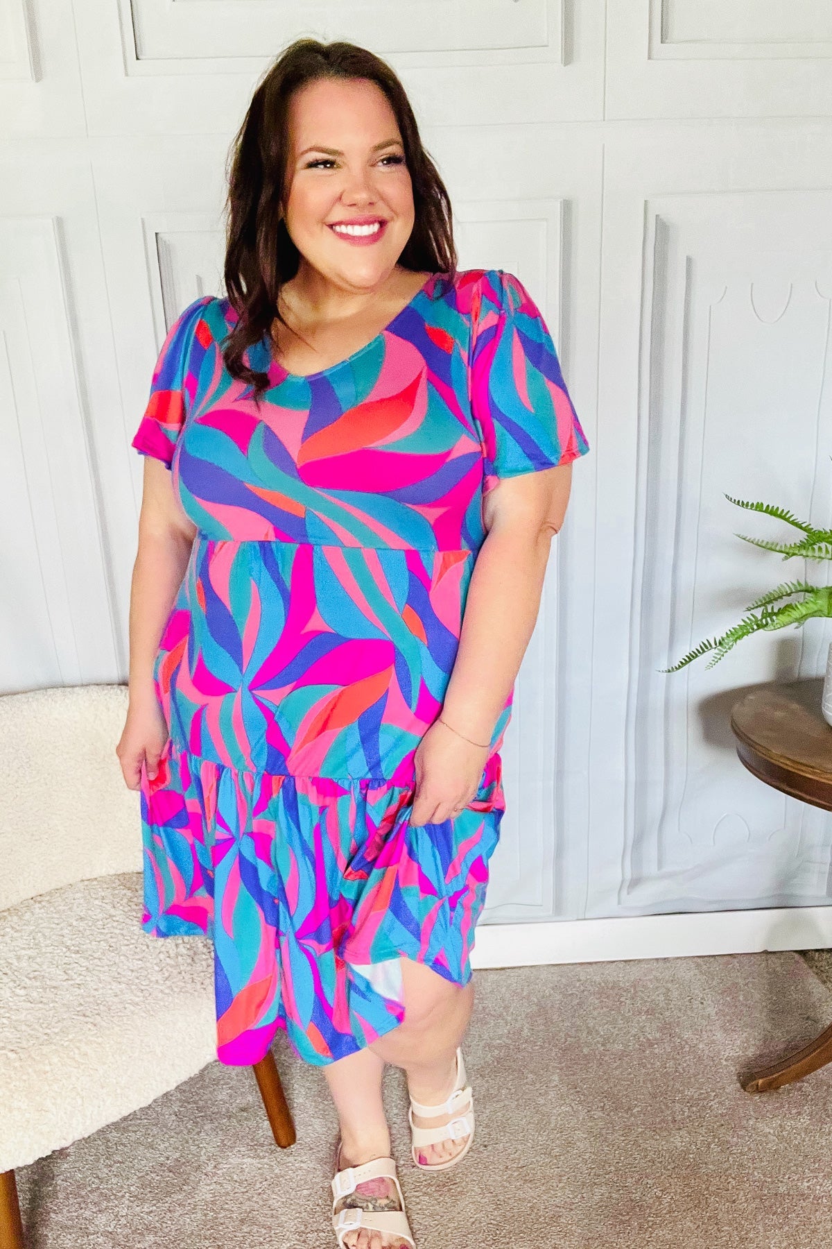 Remember Me Blue & Fuchsia Geo Print V Neck Dress-Modish Lily, Tecumseh Michigan