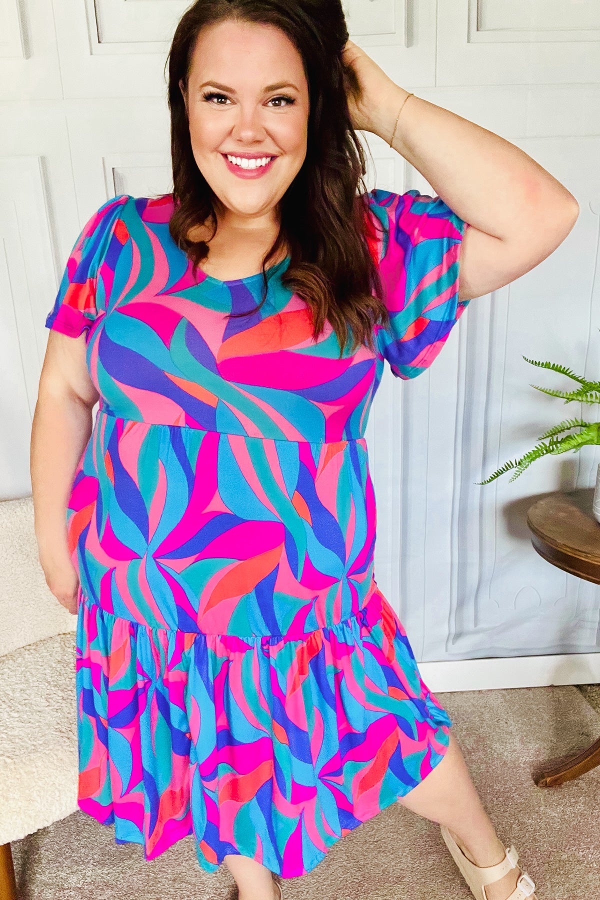 Remember Me Blue & Fuchsia Geo Print V Neck Dress-Modish Lily, Tecumseh Michigan