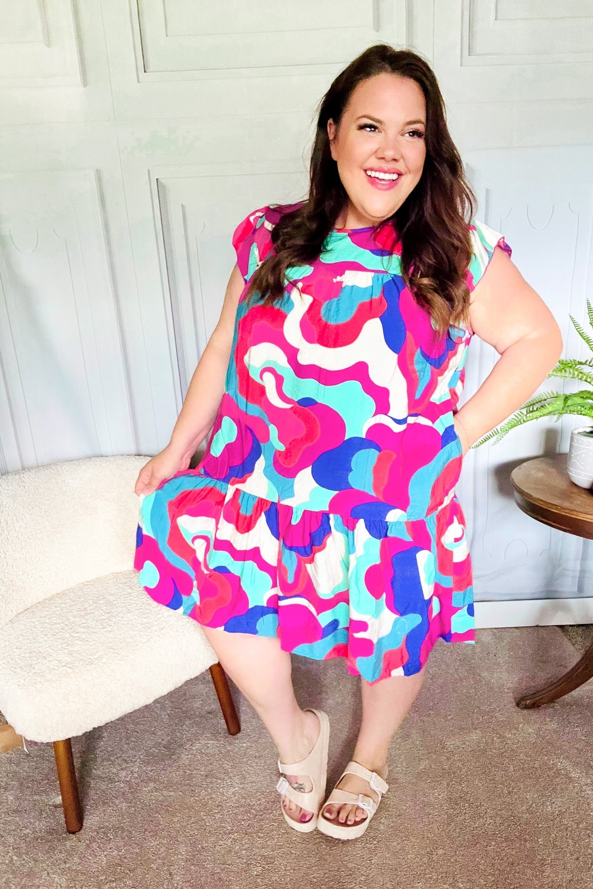 Go For Fun Fuchsia Geo Print Tiered Ruffle Sleeve Woven Dress-Modish Lily, Tecumseh Michigan