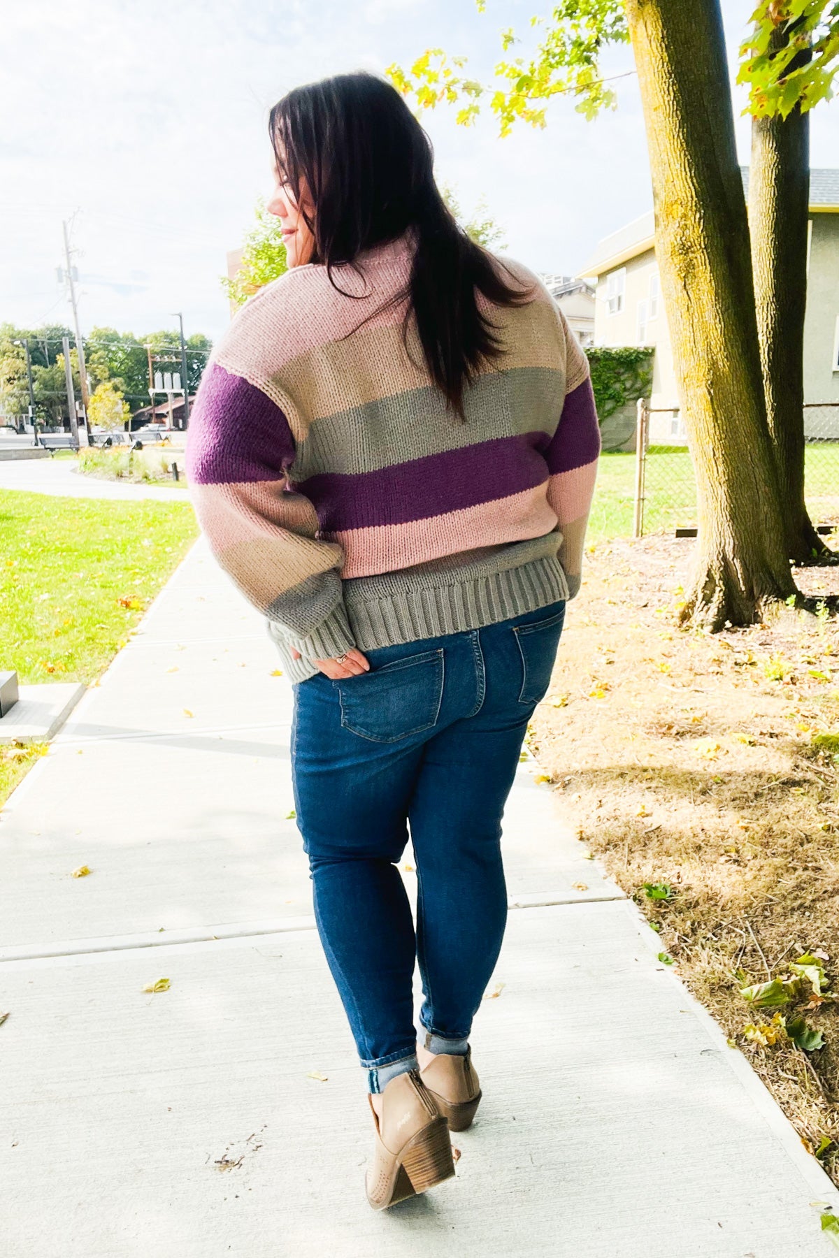 Fall For You Mauve Multicolor Stripe Cable Knit Mock Neck Sweater-2024 Blow-Out Sale-Modish Lily, Tecumseh Michigan