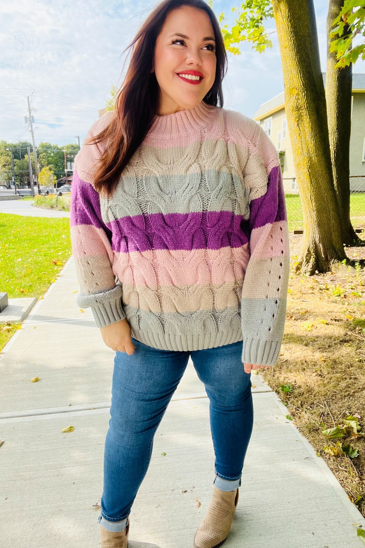 Fall For You Mauve Multicolor Stripe Cable Knit Mock Neck Sweater-2024 Blow-Out Sale-Modish Lily, Tecumseh Michigan