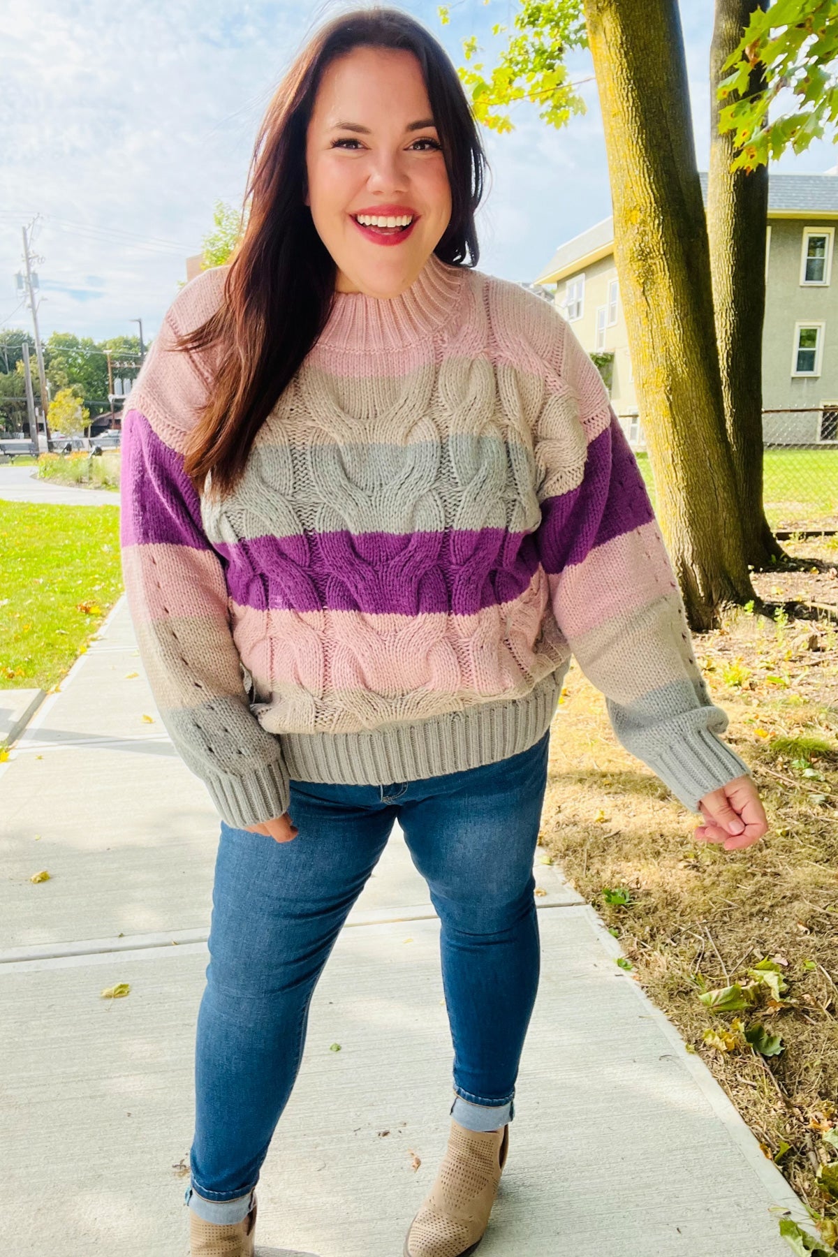 Fall For You Mauve Multicolor Stripe Cable Knit Mock Neck Sweater-2024 Blow-Out Sale-Modish Lily, Tecumseh Michigan