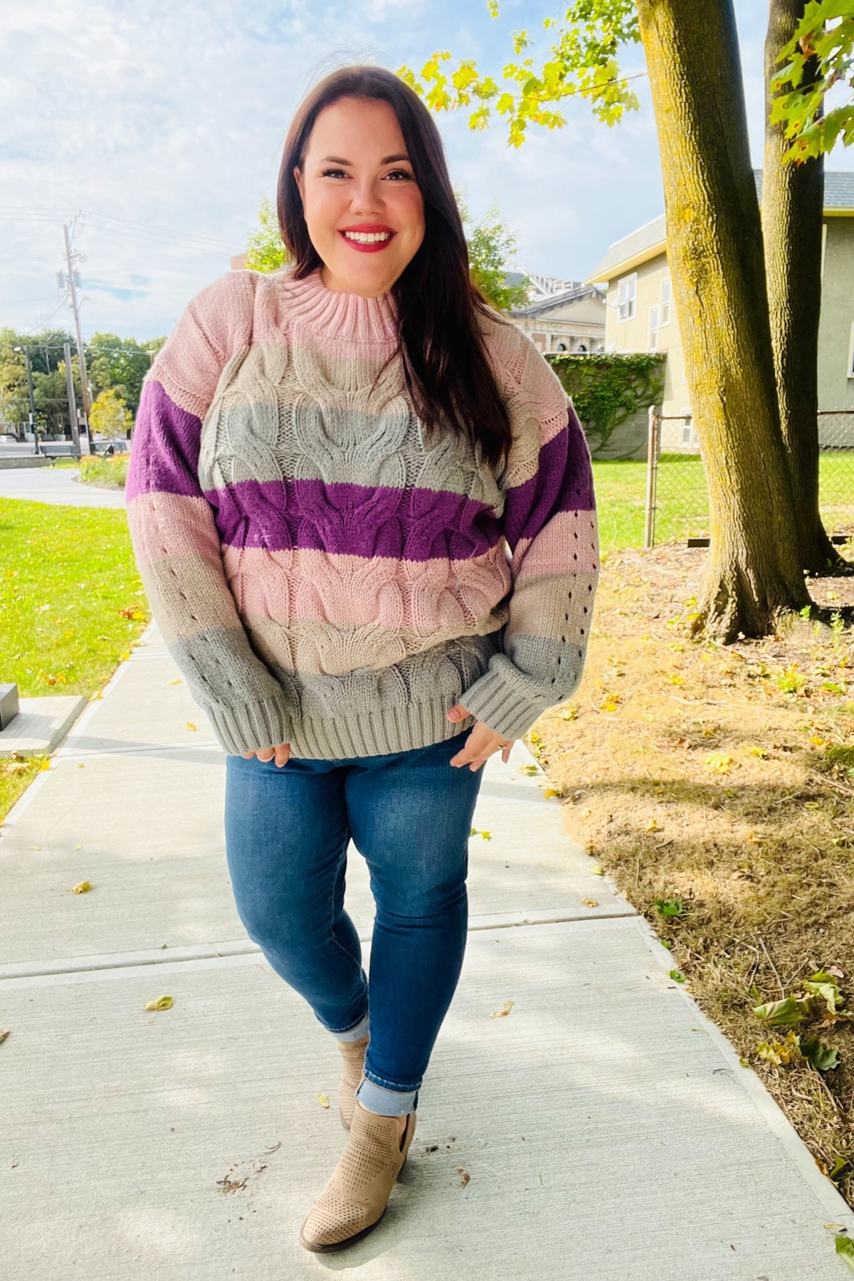 Fall For You Mauve Multicolor Stripe Cable Knit Mock Neck Sweater-2024 Blow-Out Sale-Modish Lily, Tecumseh Michigan