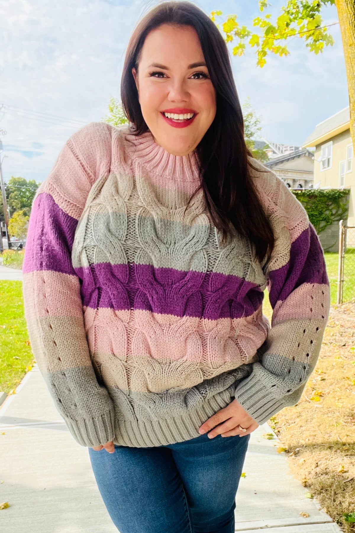 Fall For You Mauve Multicolor Stripe Cable Knit Mock Neck Sweater-2024 Blow-Out Sale-Modish Lily, Tecumseh Michigan