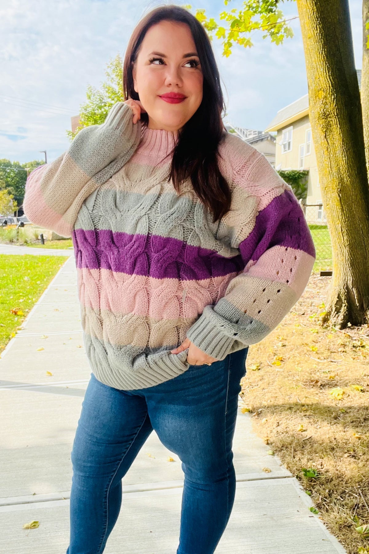 Fall For You Mauve Multicolor Stripe Cable Knit Mock Neck Sweater-2024 Blow-Out Sale-Modish Lily, Tecumseh Michigan