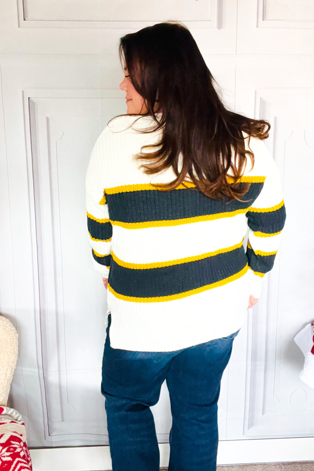 Casual Chic Yellow & Ivory Stripe Oversize Knit Sweater-Modish Lily, Tecumseh Michigan