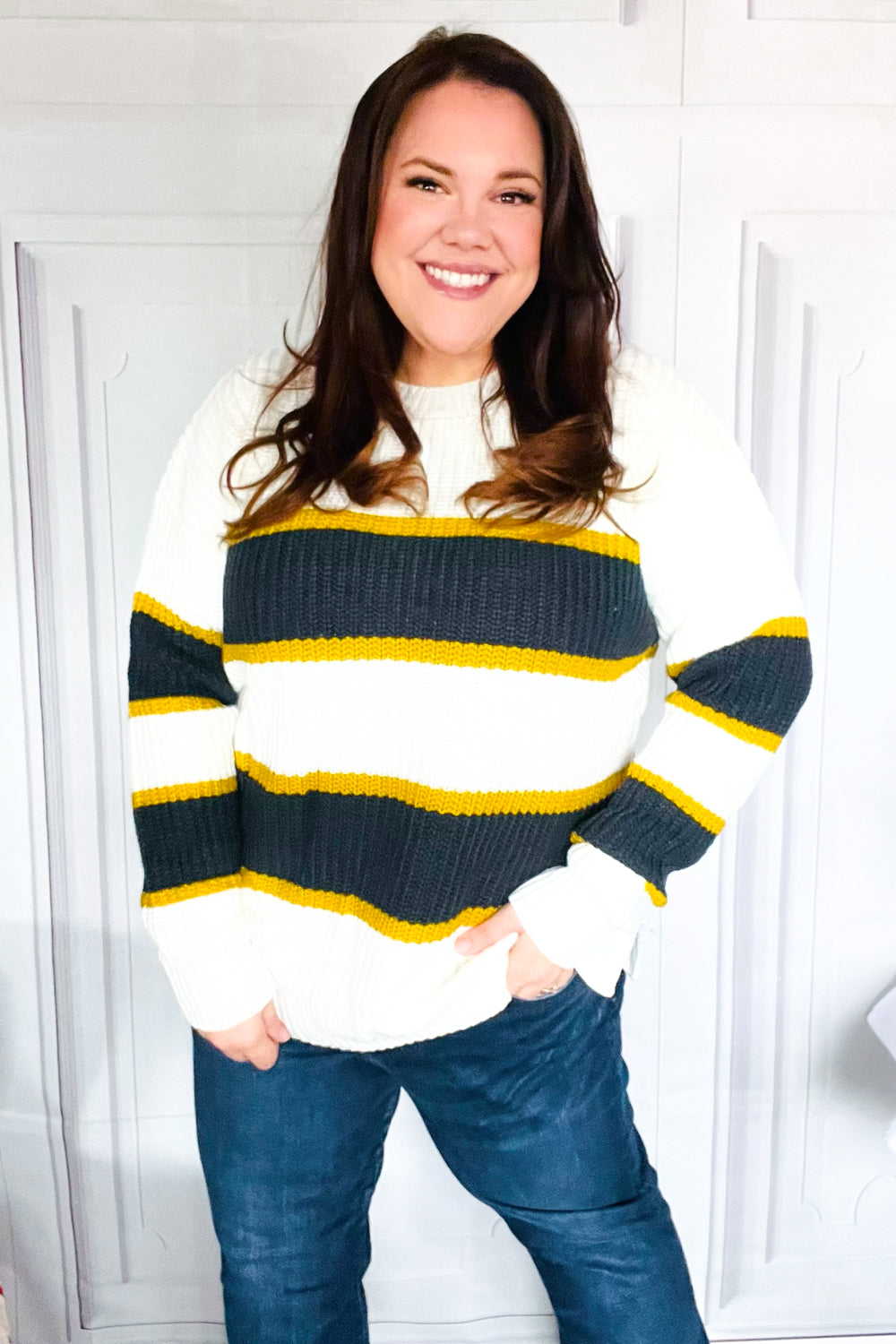 Casual Chic Yellow & Ivory Stripe Oversize Knit Sweater-Modish Lily, Tecumseh Michigan