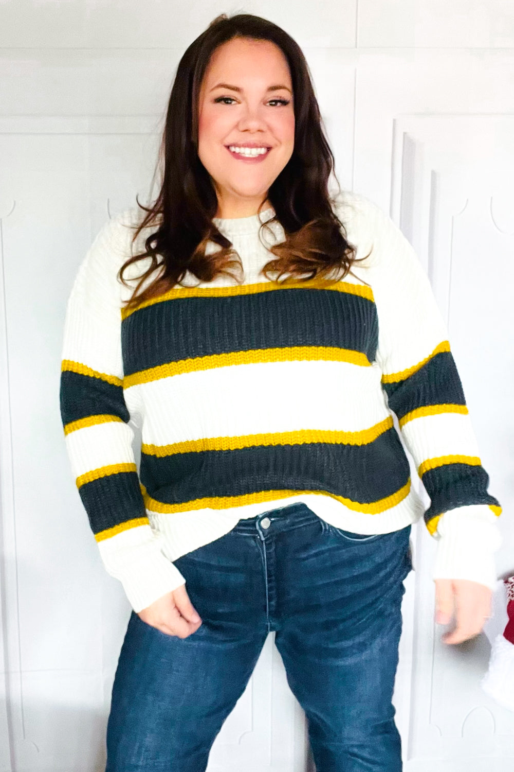 Casual Chic Yellow & Ivory Stripe Oversize Knit Sweater-Modish Lily, Tecumseh Michigan