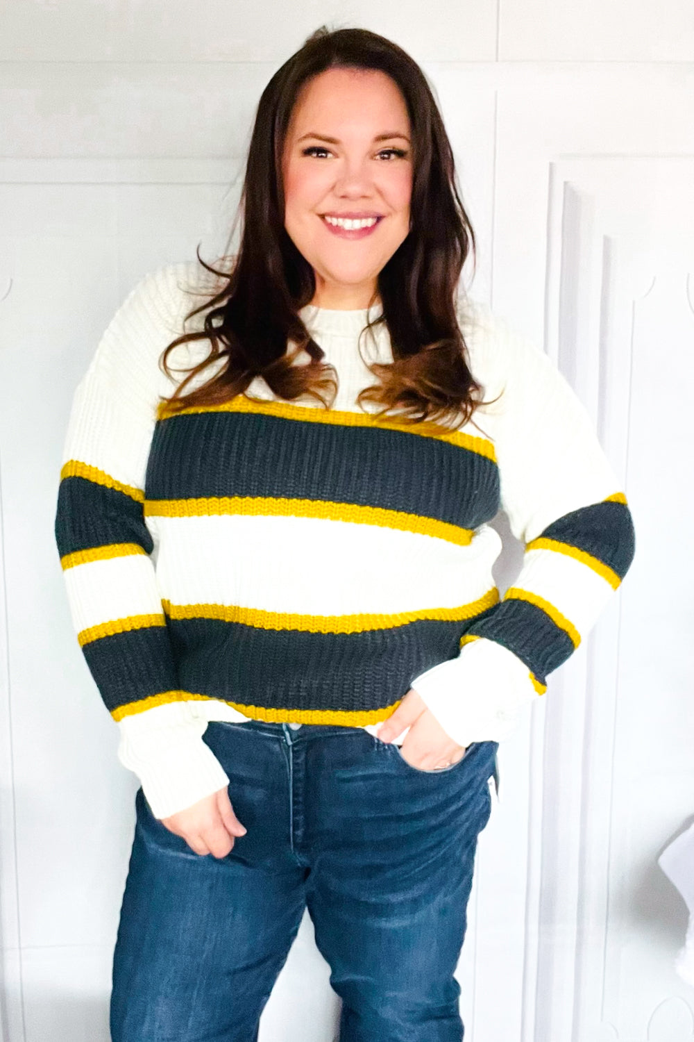 Casual Chic Yellow & Ivory Stripe Oversize Knit Sweater-Modish Lily, Tecumseh Michigan