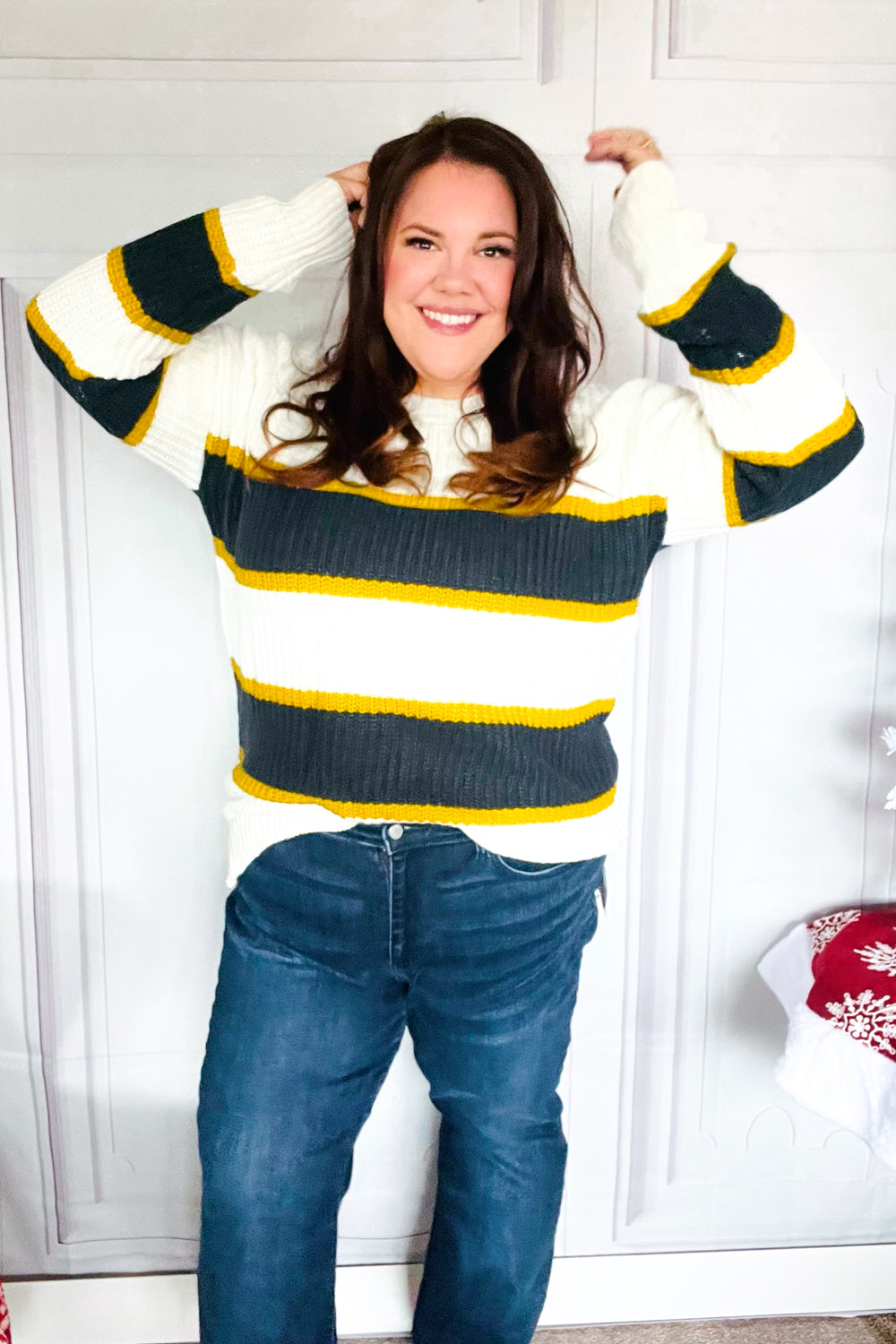 Casual Chic Yellow & Ivory Stripe Oversize Knit Sweater-Modish Lily, Tecumseh Michigan