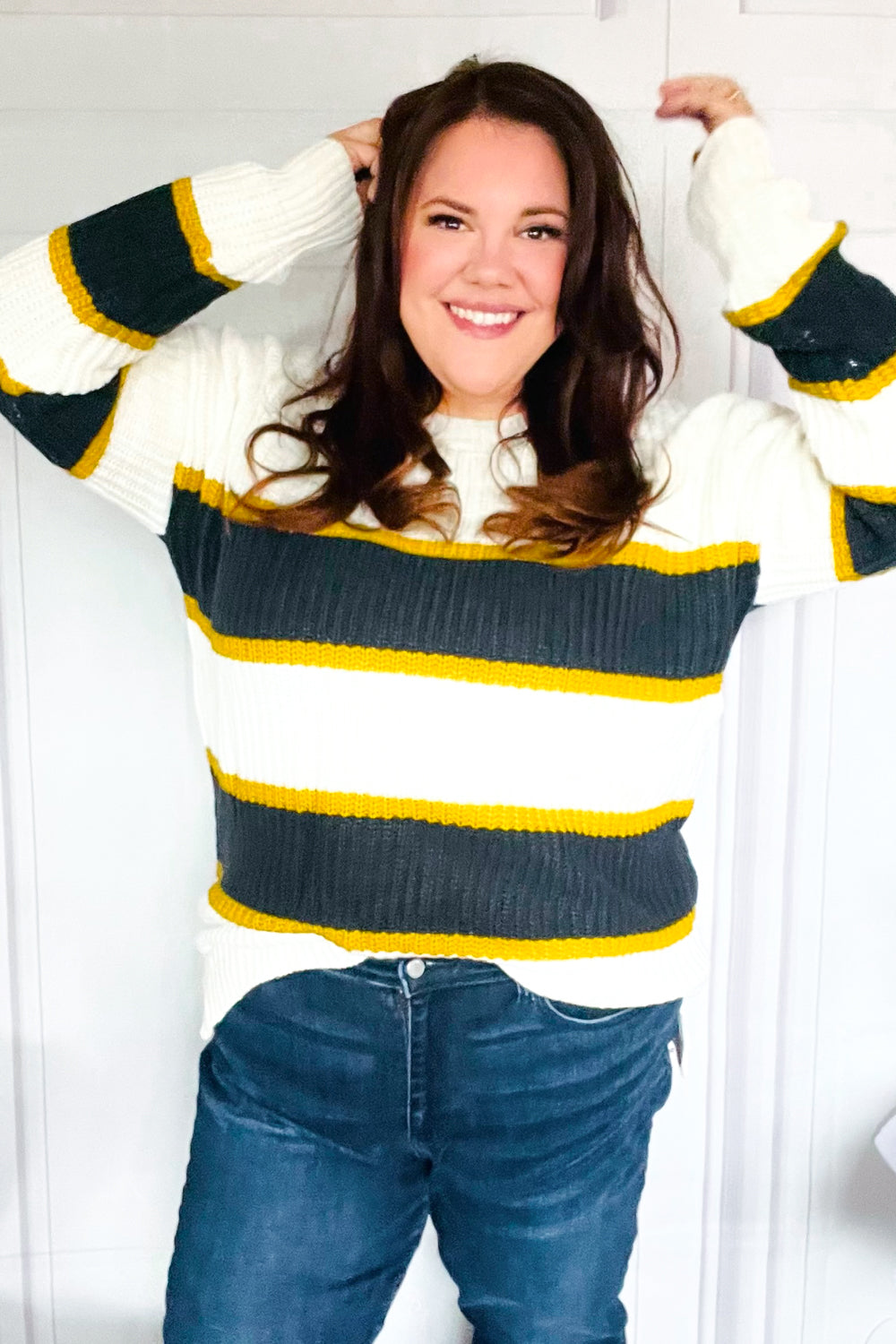 Casual Chic Yellow & Ivory Stripe Oversize Knit Sweater-Modish Lily, Tecumseh Michigan