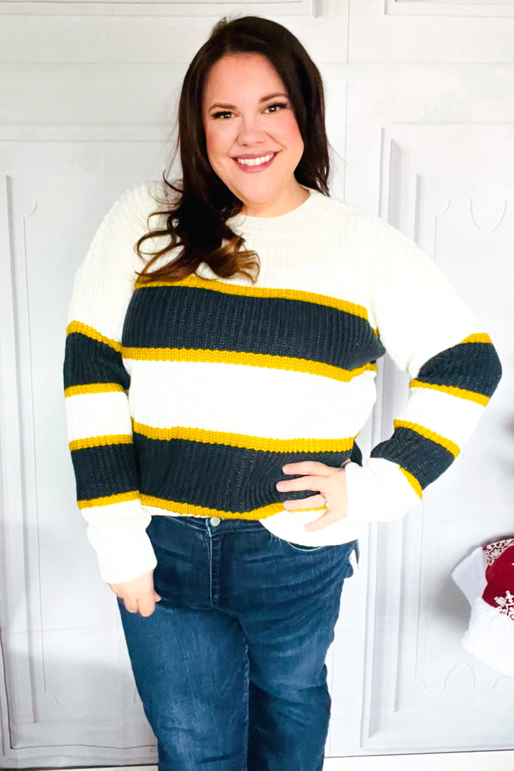 Casual Chic Yellow & Ivory Stripe Oversize Knit Sweater-Modish Lily, Tecumseh Michigan