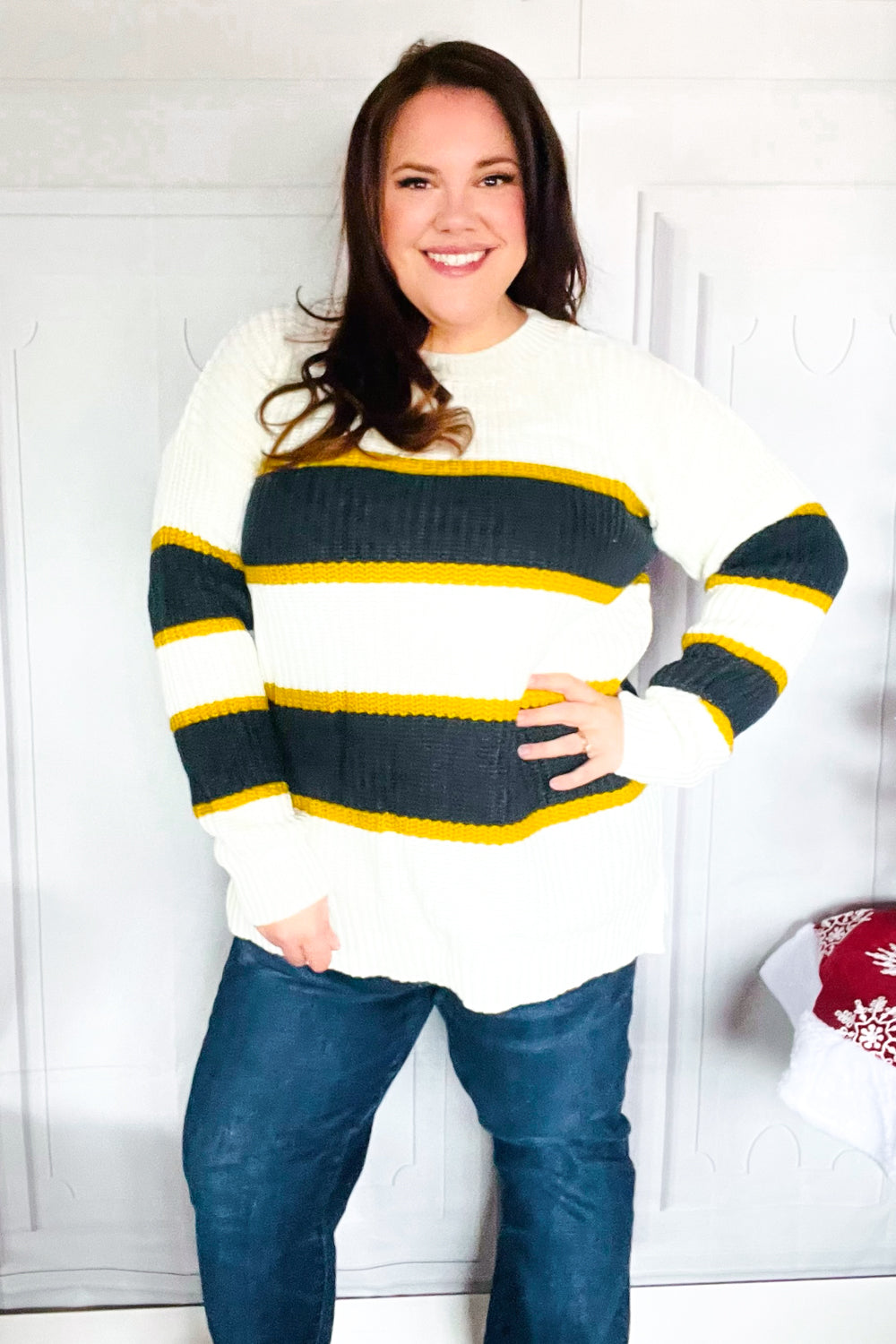 Casual Chic Yellow & Ivory Stripe Oversize Knit Sweater-Modish Lily, Tecumseh Michigan