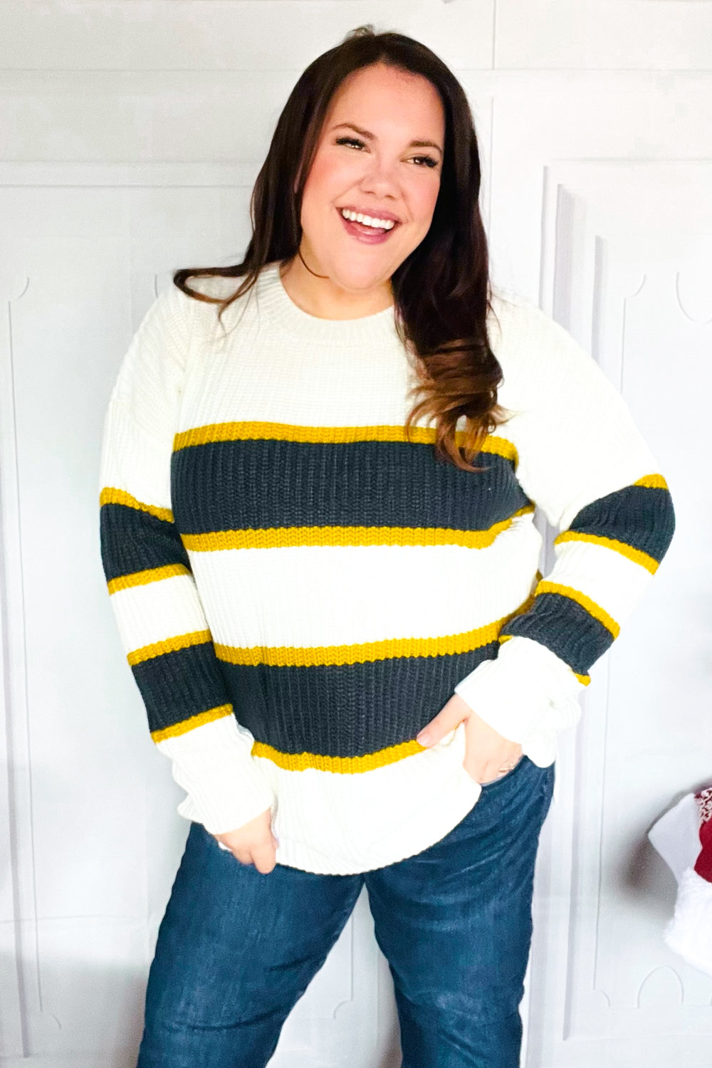 Casual Chic Yellow & Ivory Stripe Oversize Knit Sweater-Modish Lily, Tecumseh Michigan