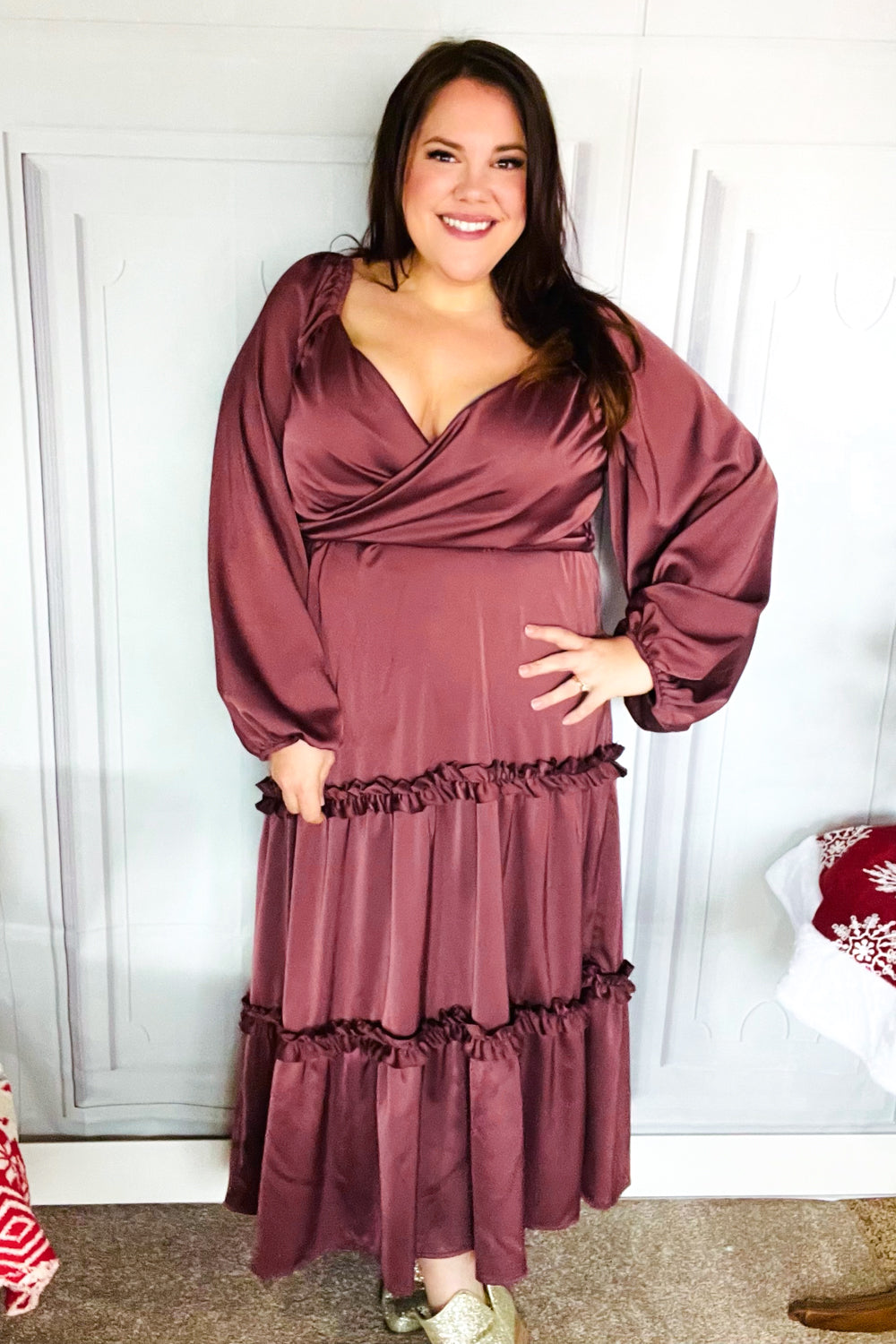 Holiday Vibes Wine Satin Front Overlap Smocked Back Maxi Dress-2024 Blow-Out Sale-Modish Lily, Tecumseh Michigan