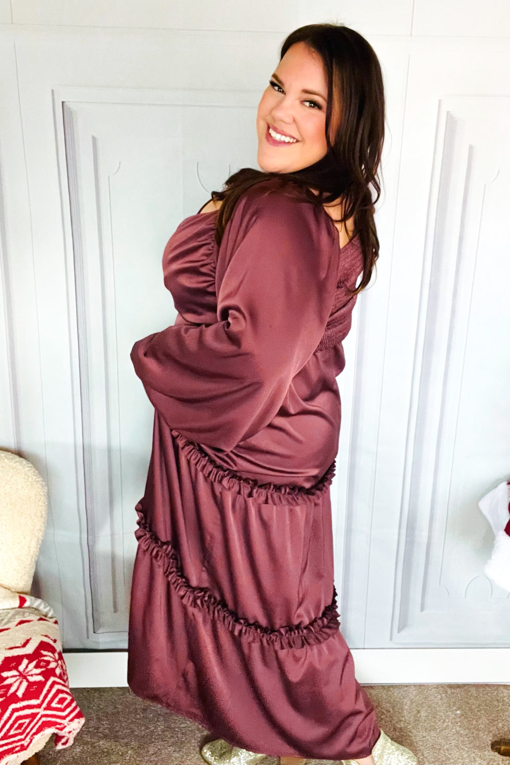 Holiday Vibes Wine Satin Front Overlap Smocked Back Maxi Dress-2024 Blow-Out Sale-Modish Lily, Tecumseh Michigan