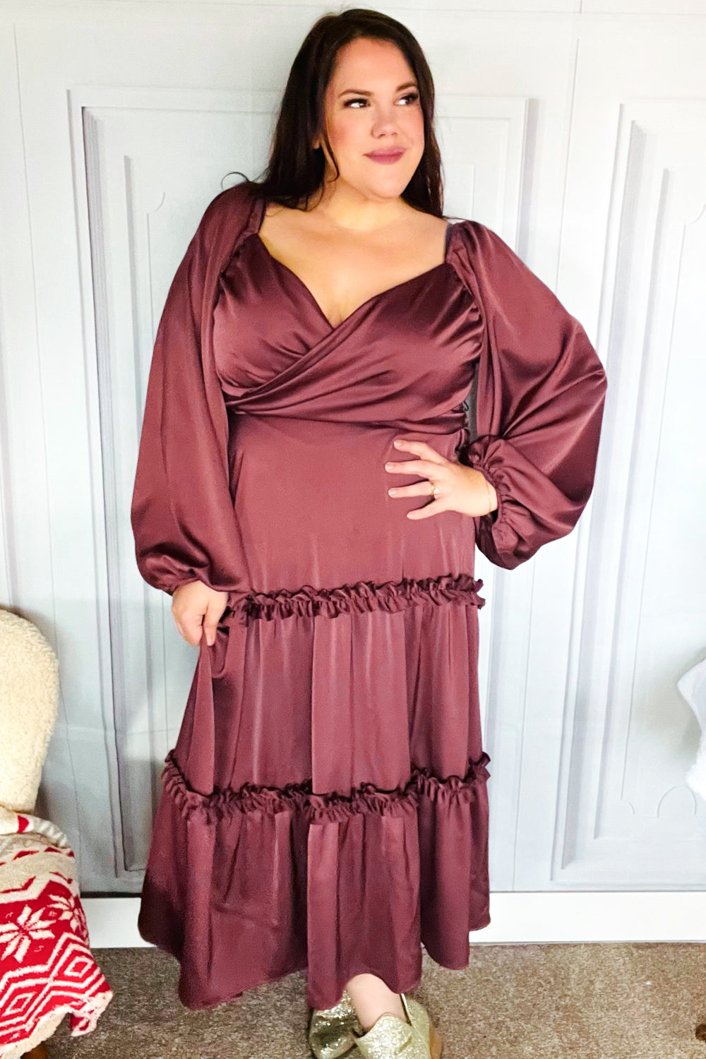 Holiday Vibes Wine Satin Front Overlap Smocked Back Maxi Dress-2024 Blow-Out Sale-Modish Lily, Tecumseh Michigan