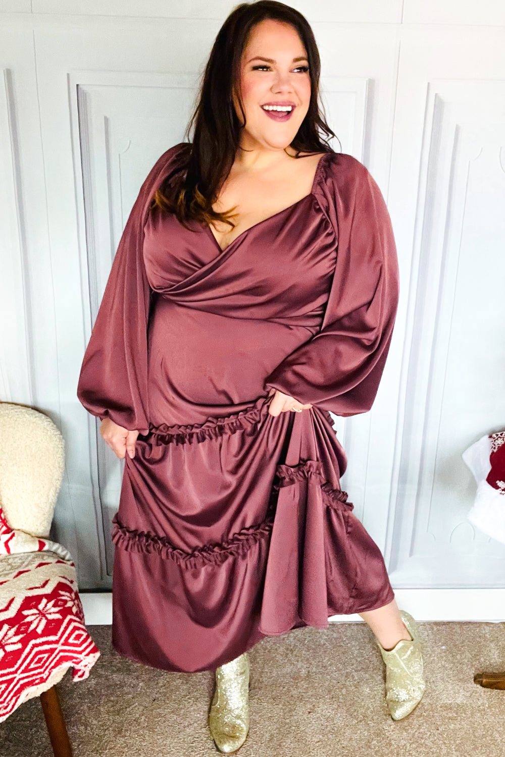 Holiday Vibes Wine Satin Front Overlap Smocked Back Maxi Dress-2024 Blow-Out Sale-Modish Lily, Tecumseh Michigan