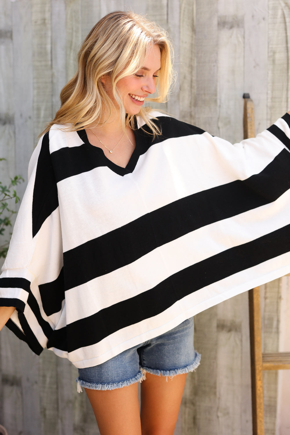 The Traveler Black/White Stripe Dolman Notch Neck Sweater Poncho-Modish Lily, Tecumseh Michigan