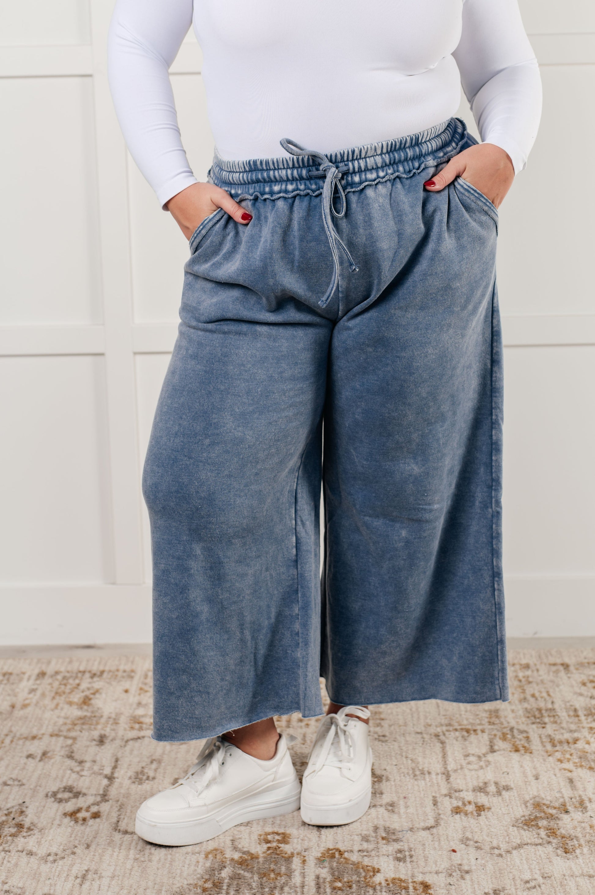 In or Out Wide Leg Cropped Pants in Dusty Blue-Athleisure-Modish Lily, Tecumseh Michigan