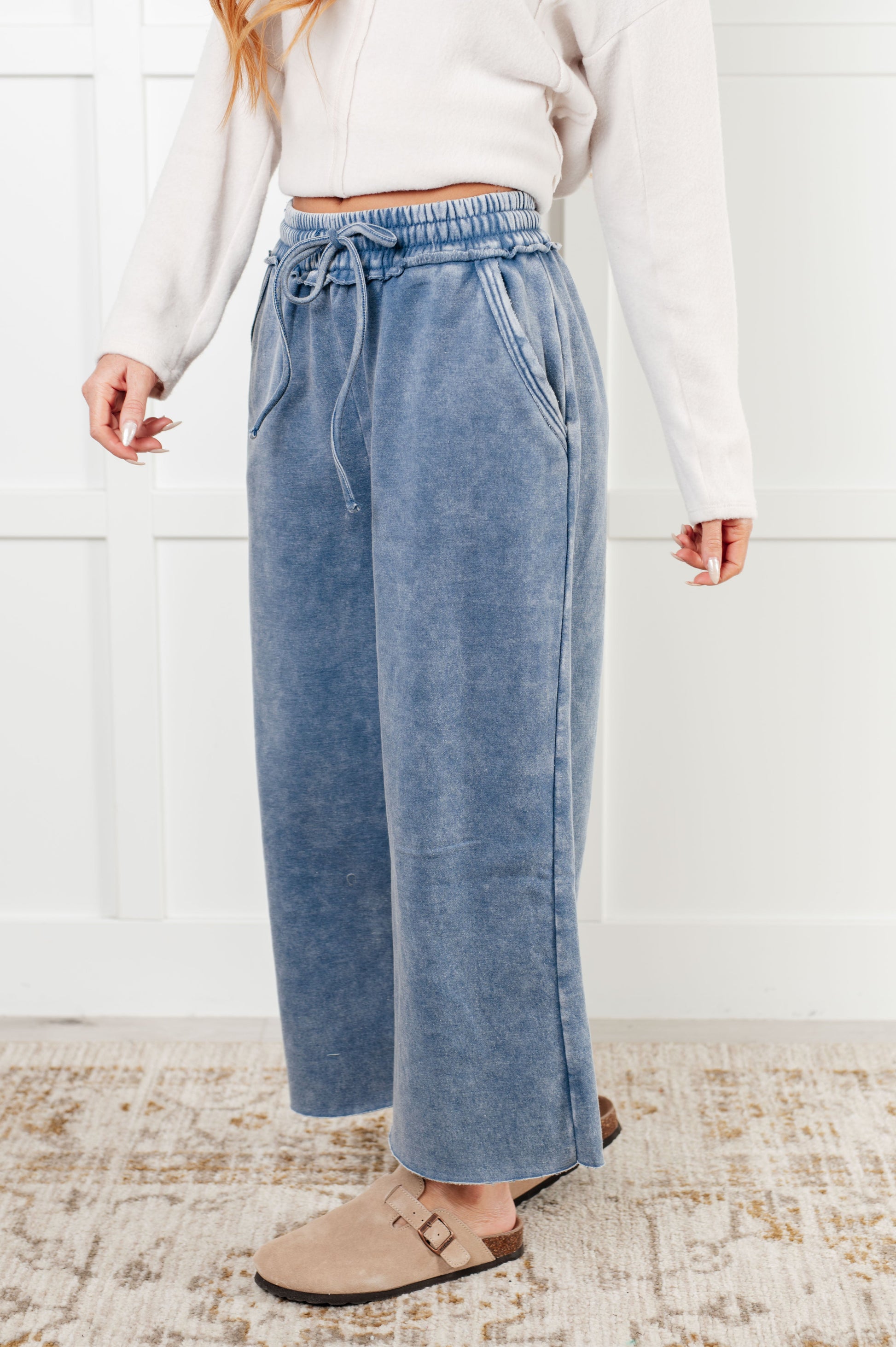 In or Out Wide Leg Cropped Pants in Dusty Blue-Athleisure-Modish Lily, Tecumseh Michigan