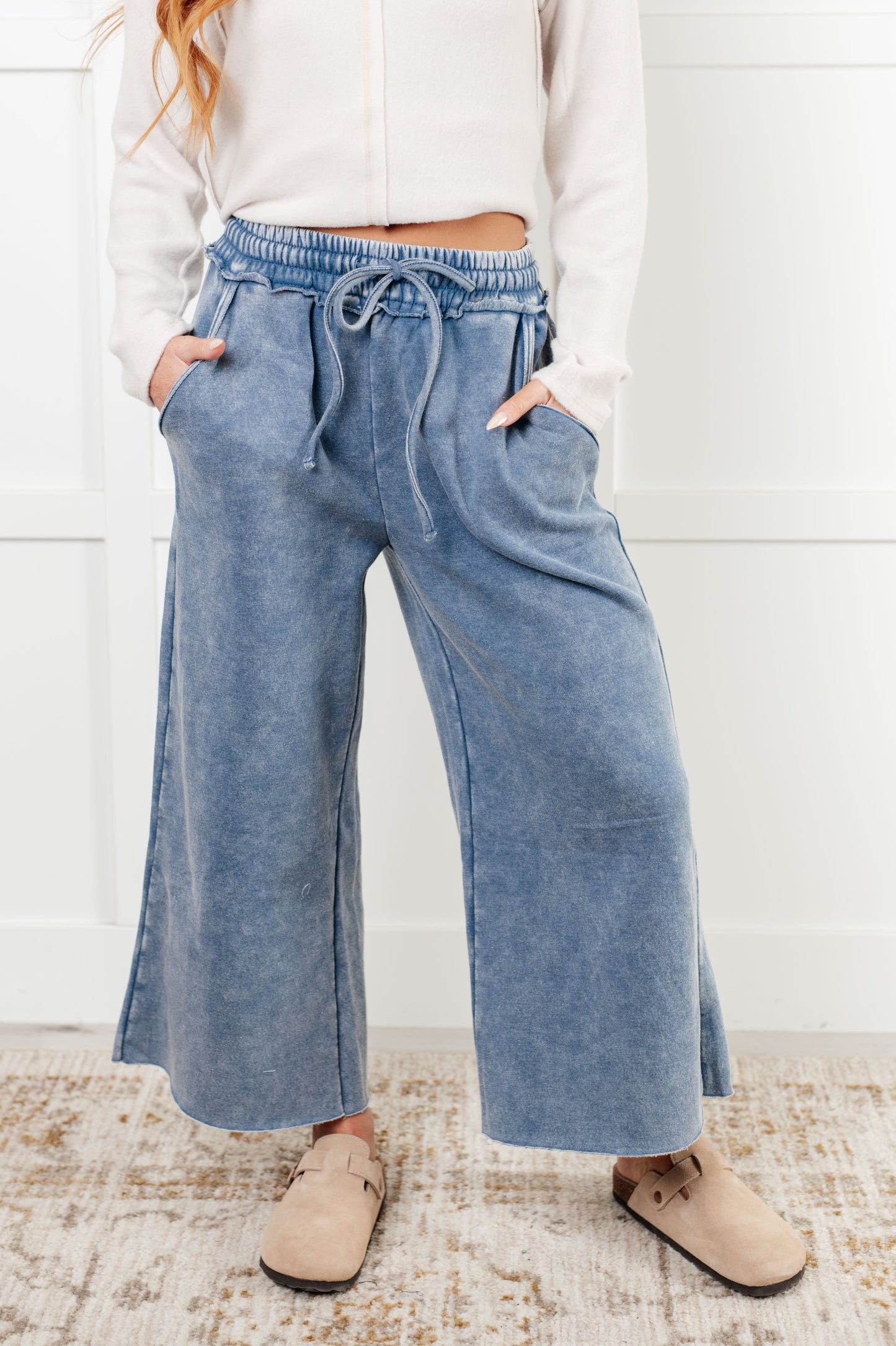 In or Out Wide Leg Cropped Pants in Dusty Blue-Athleisure-Modish Lily, Tecumseh Michigan