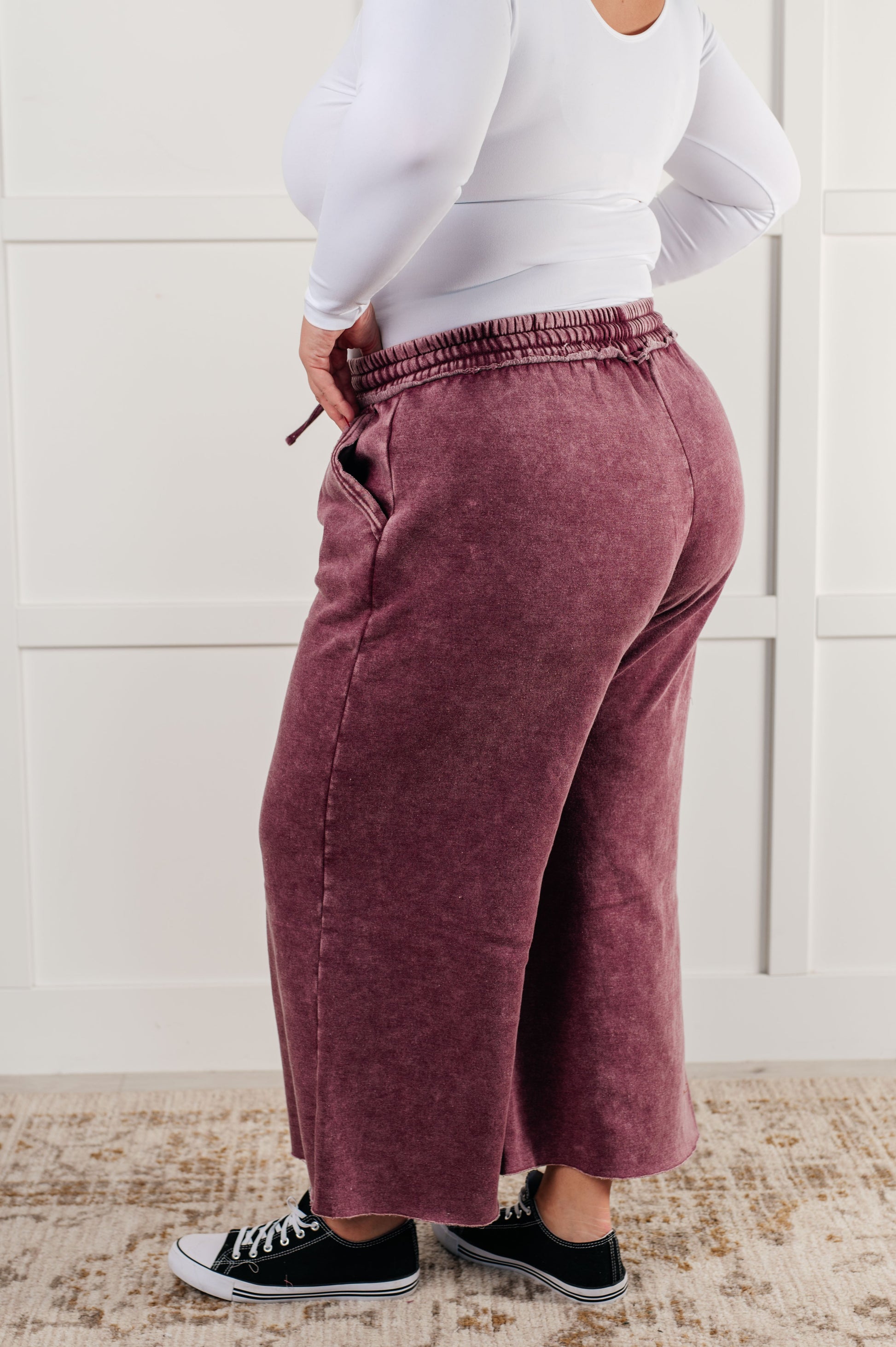 In or Out Wide Leg Cropped Pants in Eggplant-Athleisure-Modish Lily, Tecumseh Michigan