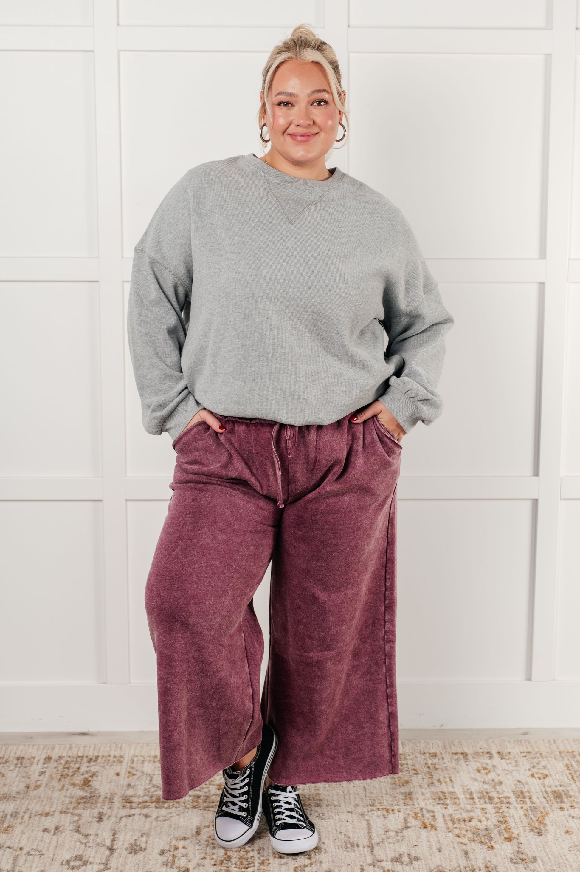 In or Out Wide Leg Cropped Pants in Eggplant-Athleisure-Modish Lily, Tecumseh Michigan