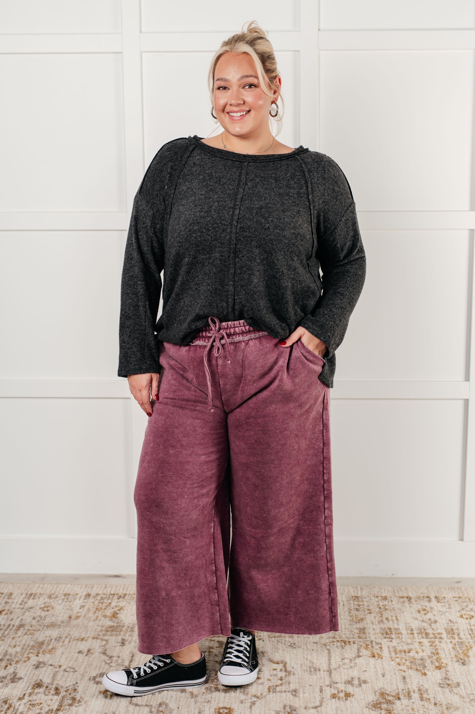 In or Out Wide Leg Cropped Pants in Eggplant-Athleisure-Modish Lily, Tecumseh Michigan