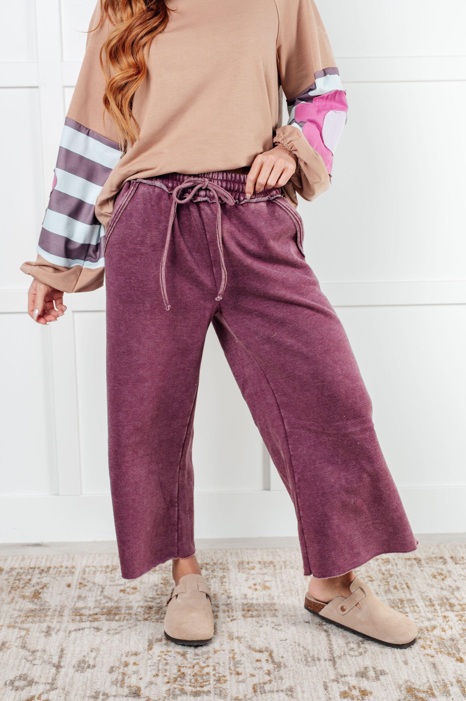 In or Out Wide Leg Cropped Pants in Eggplant-Athleisure-Modish Lily, Tecumseh Michigan