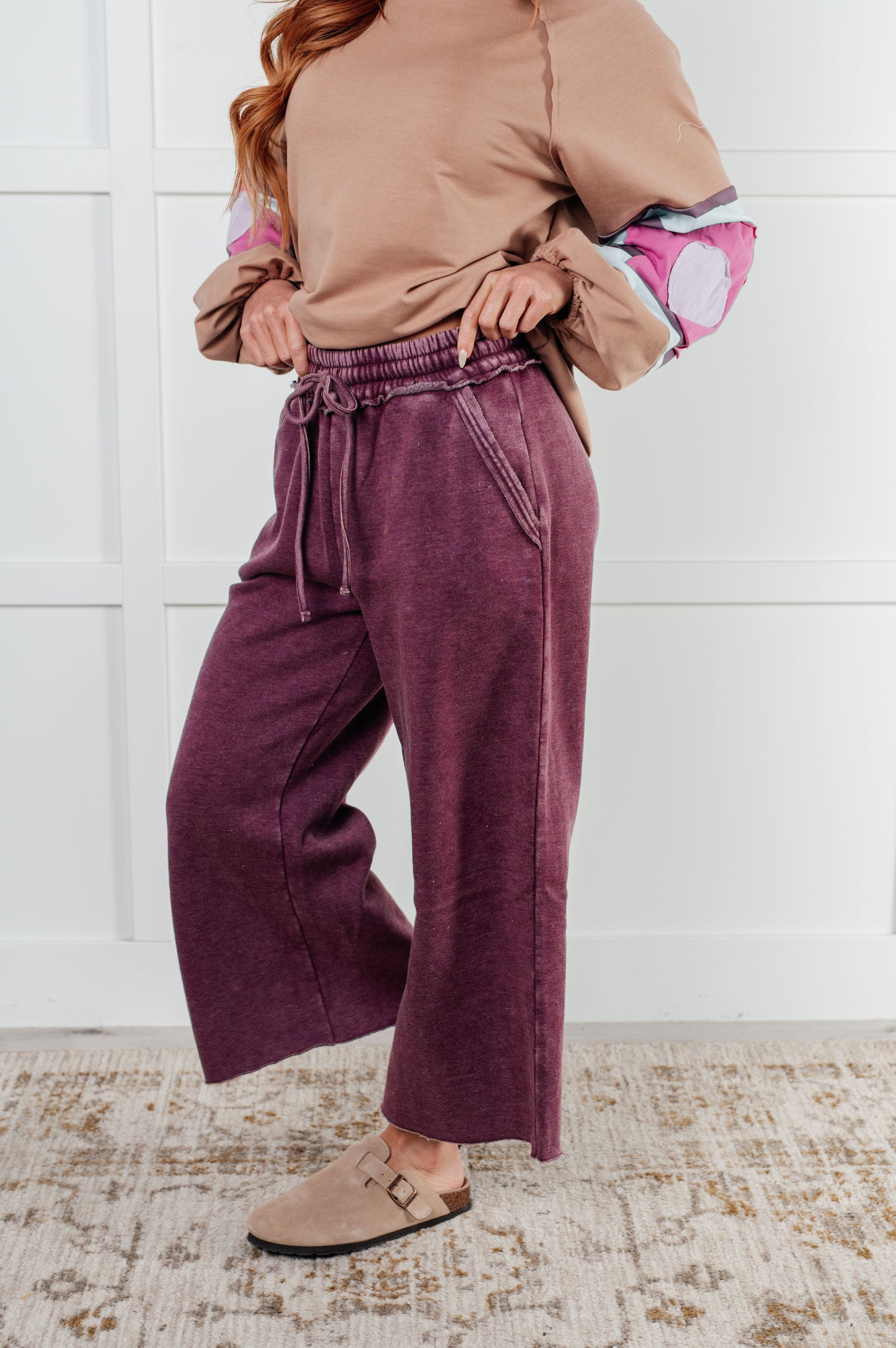 In or Out Wide Leg Cropped Pants in Eggplant-Athleisure-Modish Lily, Tecumseh Michigan