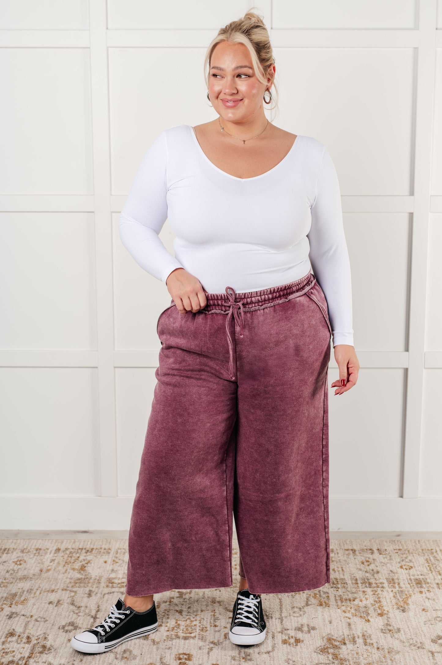 In or Out Wide Leg Cropped Pants in Eggplant-Athleisure-Modish Lily, Tecumseh Michigan