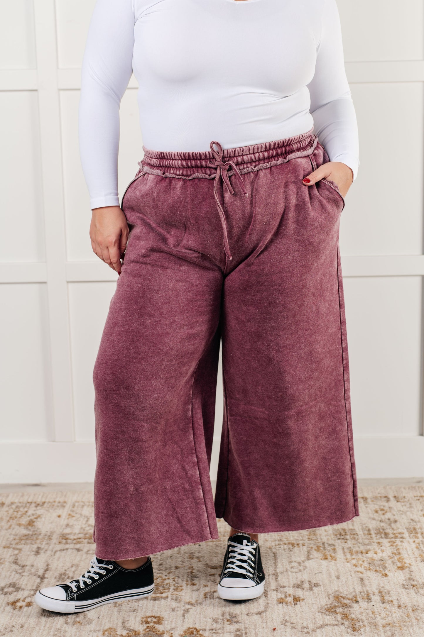 In or Out Wide Leg Cropped Pants in Eggplant-Athleisure-Modish Lily, Tecumseh Michigan