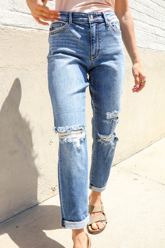 Judy Blue High-Rise Boyfriend Cuffed Hem Distressed Jeans-Modish Lily, Tecumseh Michigan