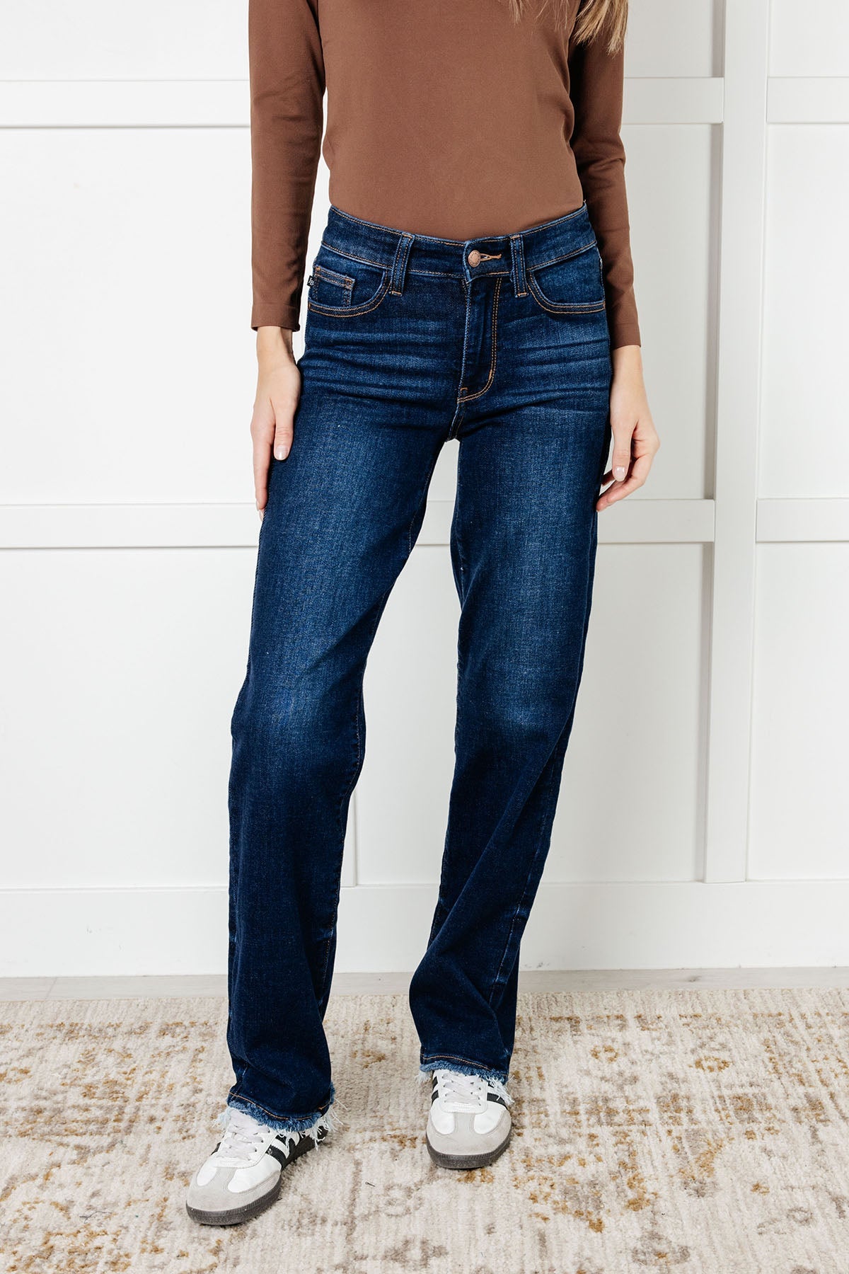 Jacqueline Mid Rise Frayed Hem Straight Leg Jean-Denim-Modish Lily, Tecumseh Michigan