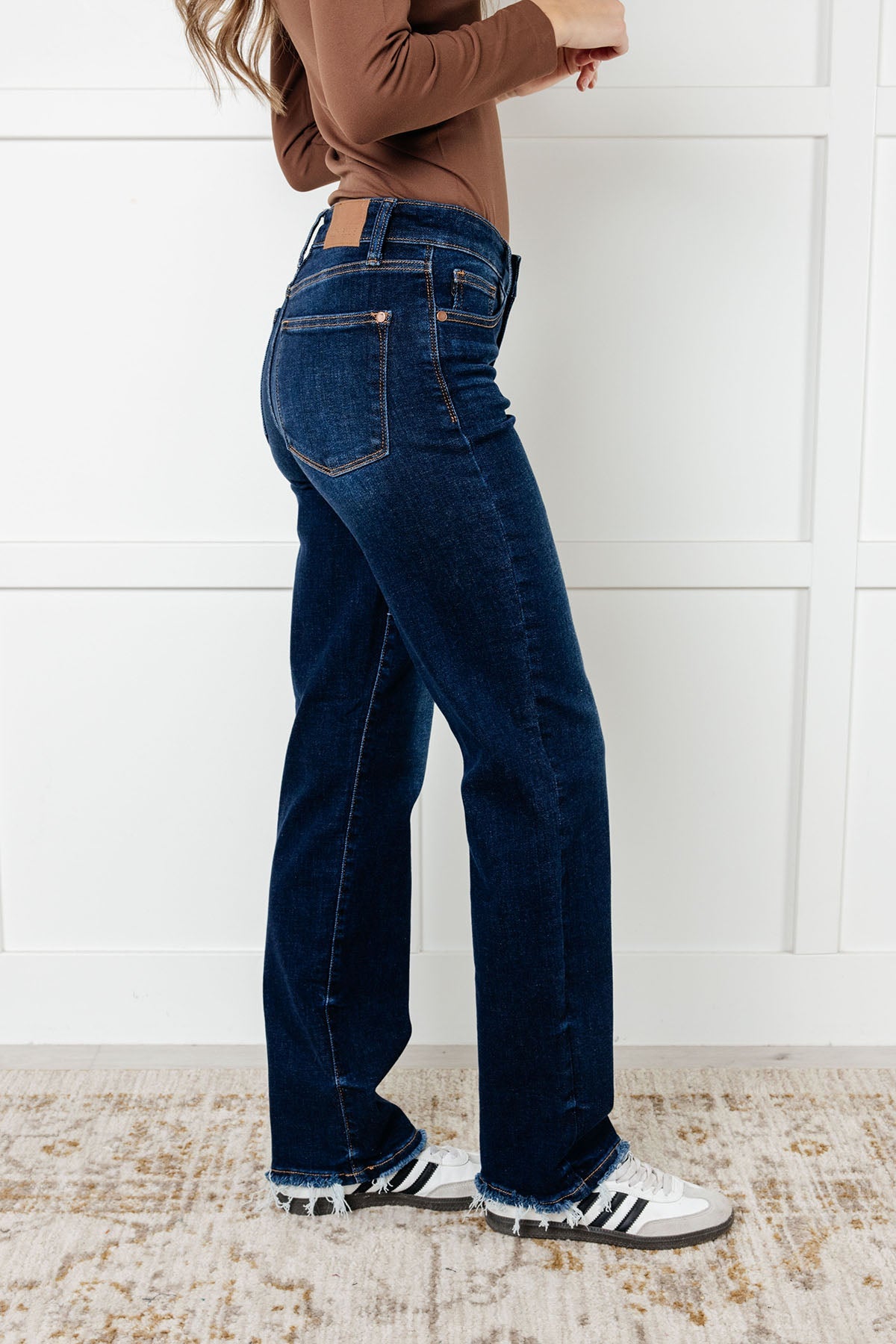 Jacqueline Mid Rise Frayed Hem Straight Leg Jean-Denim-Modish Lily, Tecumseh Michigan