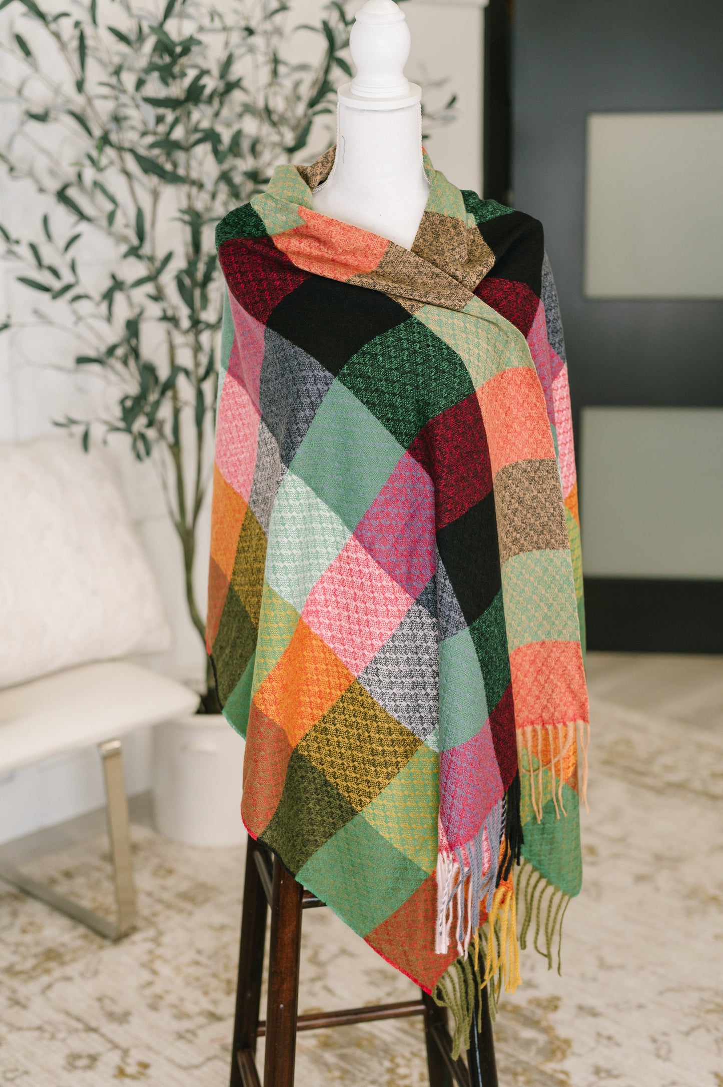 Keep Me Cozy Checkered Fringe Scarf in Berry-Accessories-Modish Lily, Tecumseh Michigan