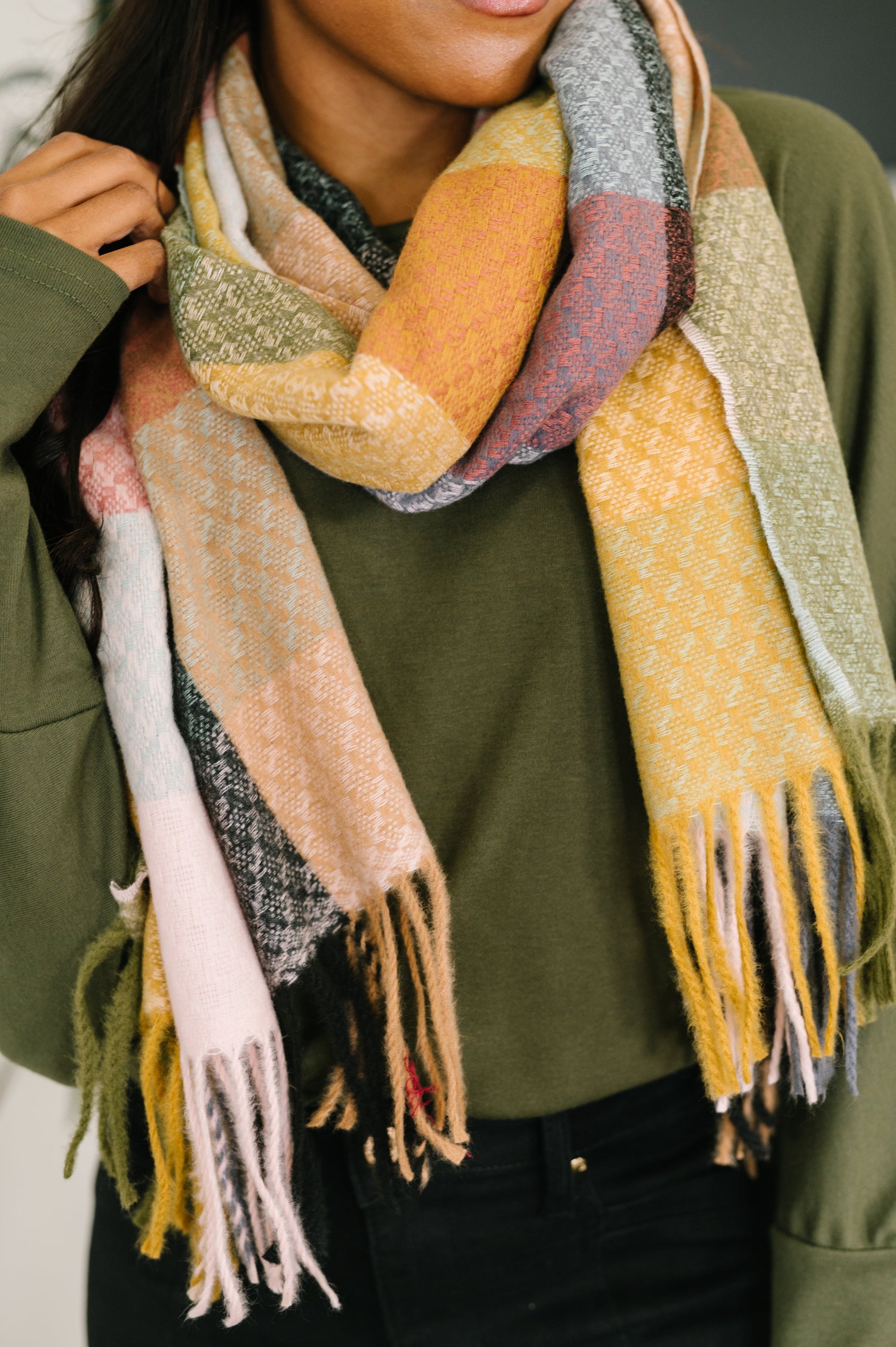 Keep Me Cozy Checkered Fringe Scarf in Pine and Petals-Accessories-Modish Lily, Tecumseh Michigan