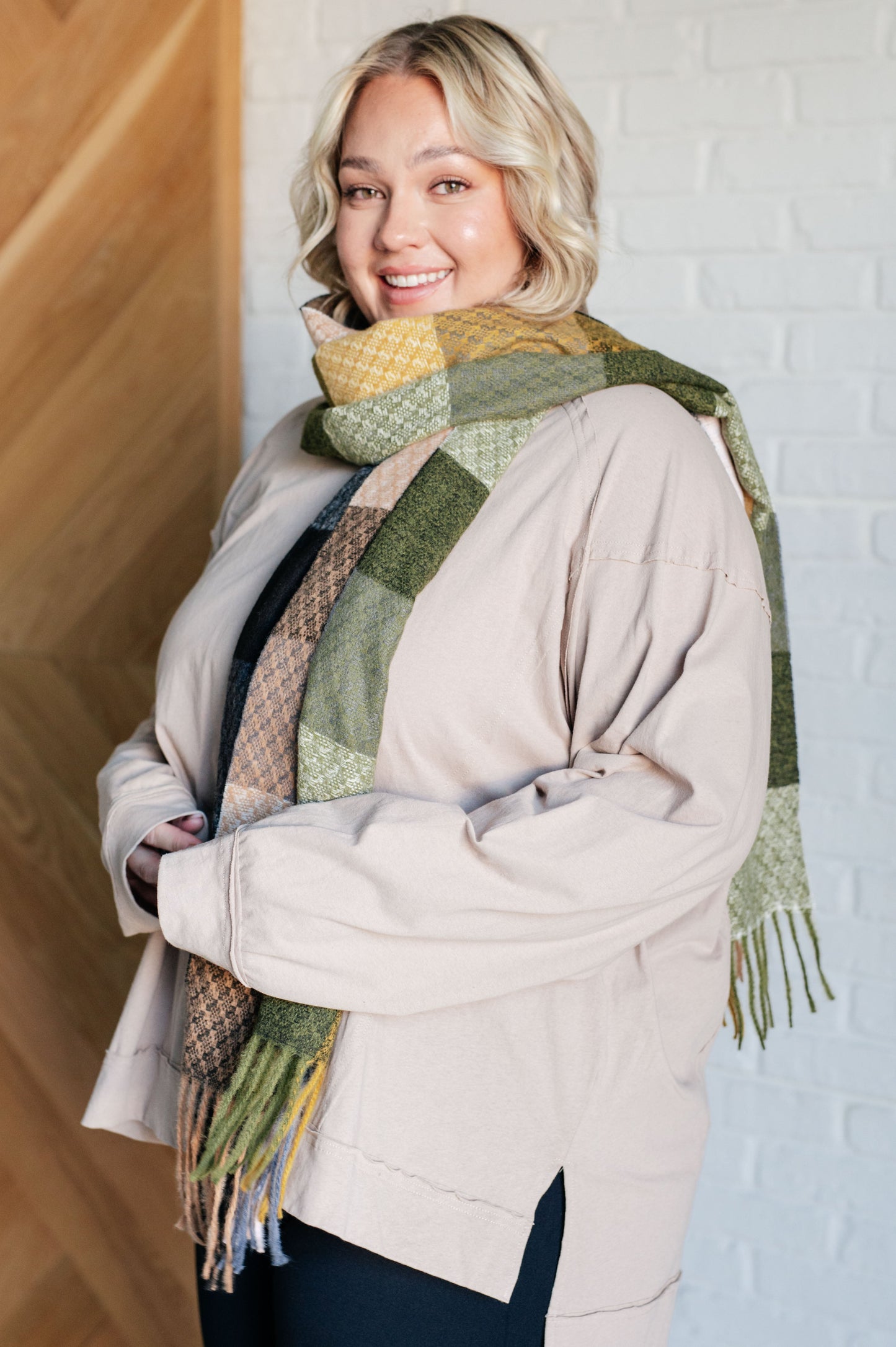 Keep Me Cozy Checkered Fringe Scarf in Woodland Shades-Accessories-Modish Lily, Tecumseh Michigan