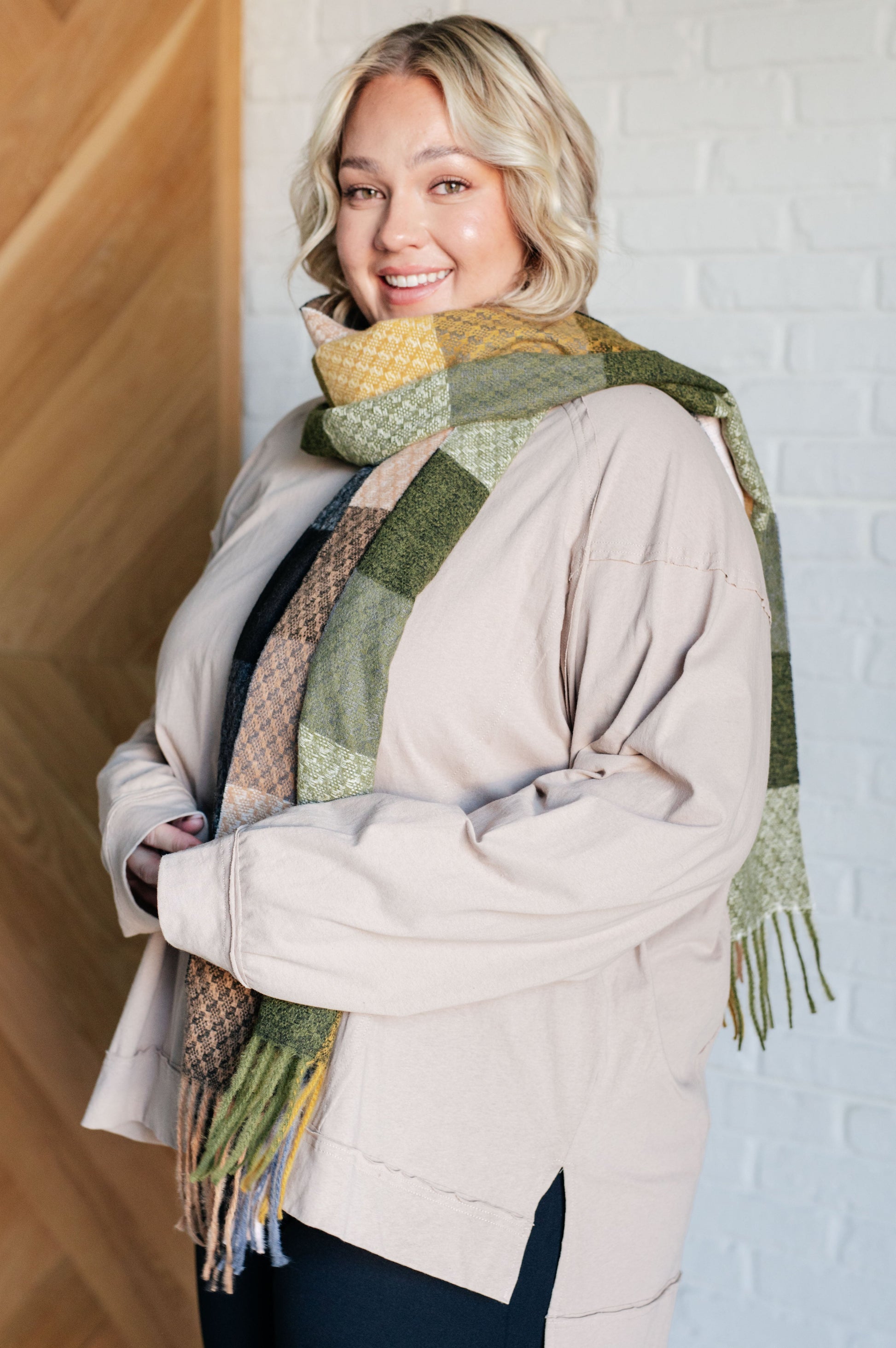 Keep Me Cozy Checkered Fringe Scarf in Woodland Shades-Accessories-Modish Lily, Tecumseh Michigan