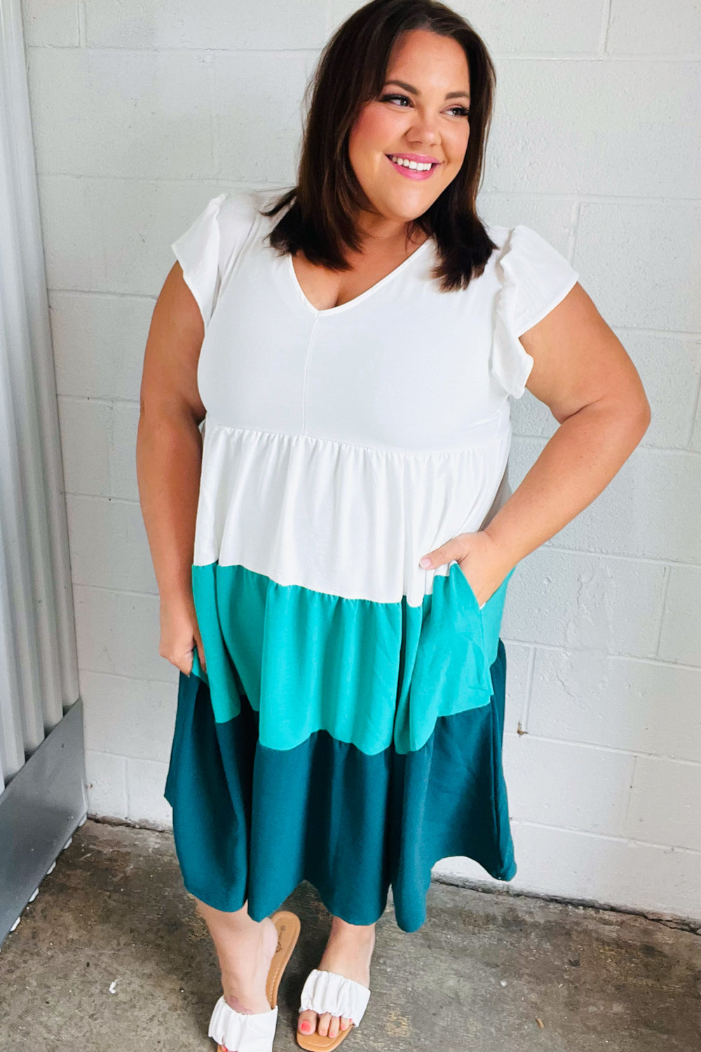 Seafoam & Emerald Tiered Frill Sleeve Midi Dress-Modish Lily, Tecumseh Michigan