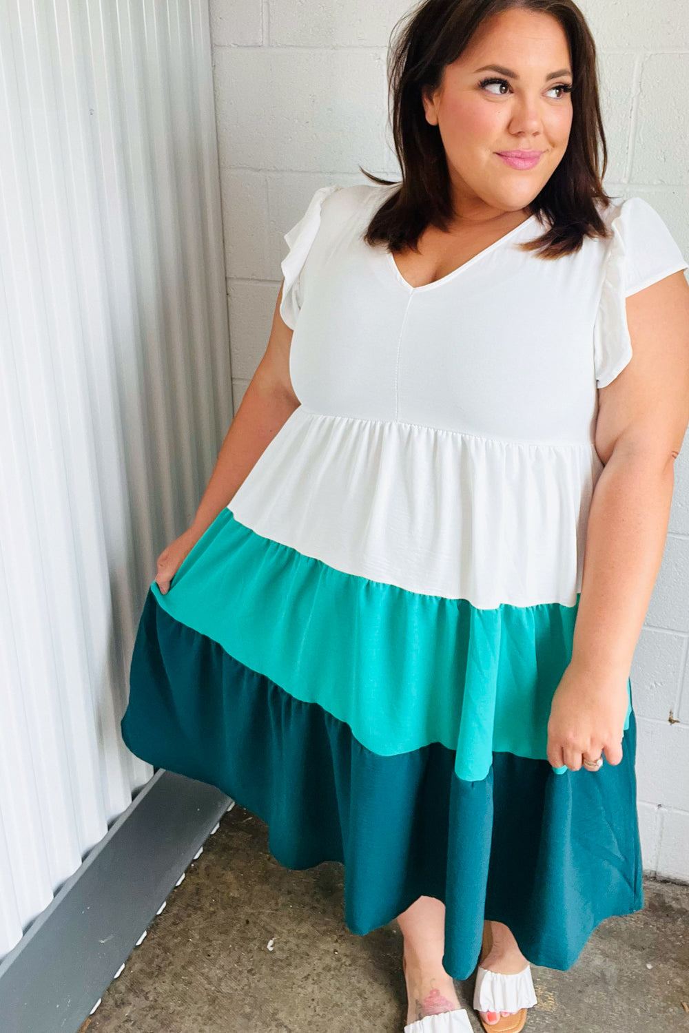 Seafoam & Emerald Tiered Frill Sleeve Midi Dress-Modish Lily, Tecumseh Michigan